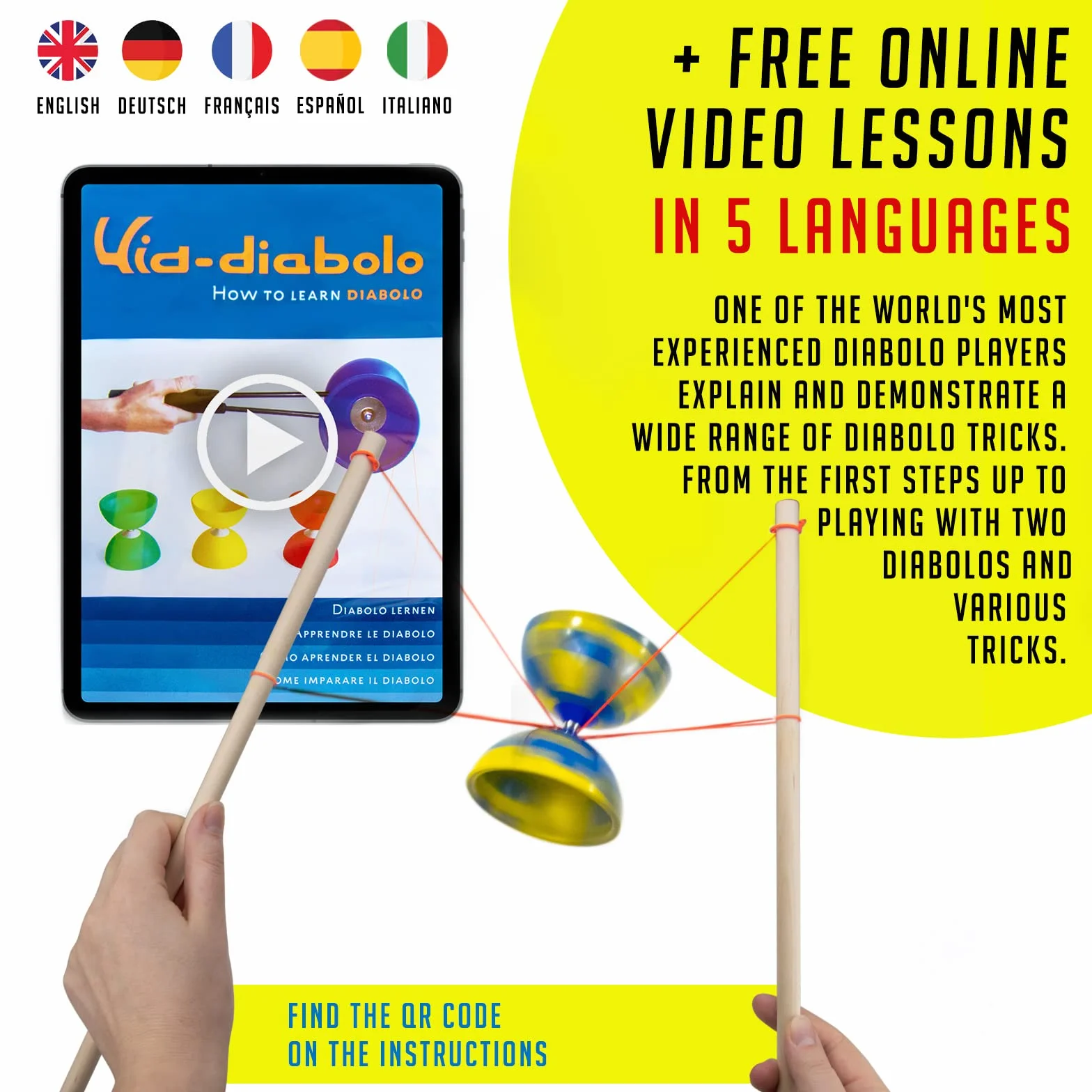 Juggle Dream Jester Diábolo Set para Malabares - Diábolo con Eje Fijo con Palos de Madera y Vídeo de Aprendizaje en Línea (Multicolor)