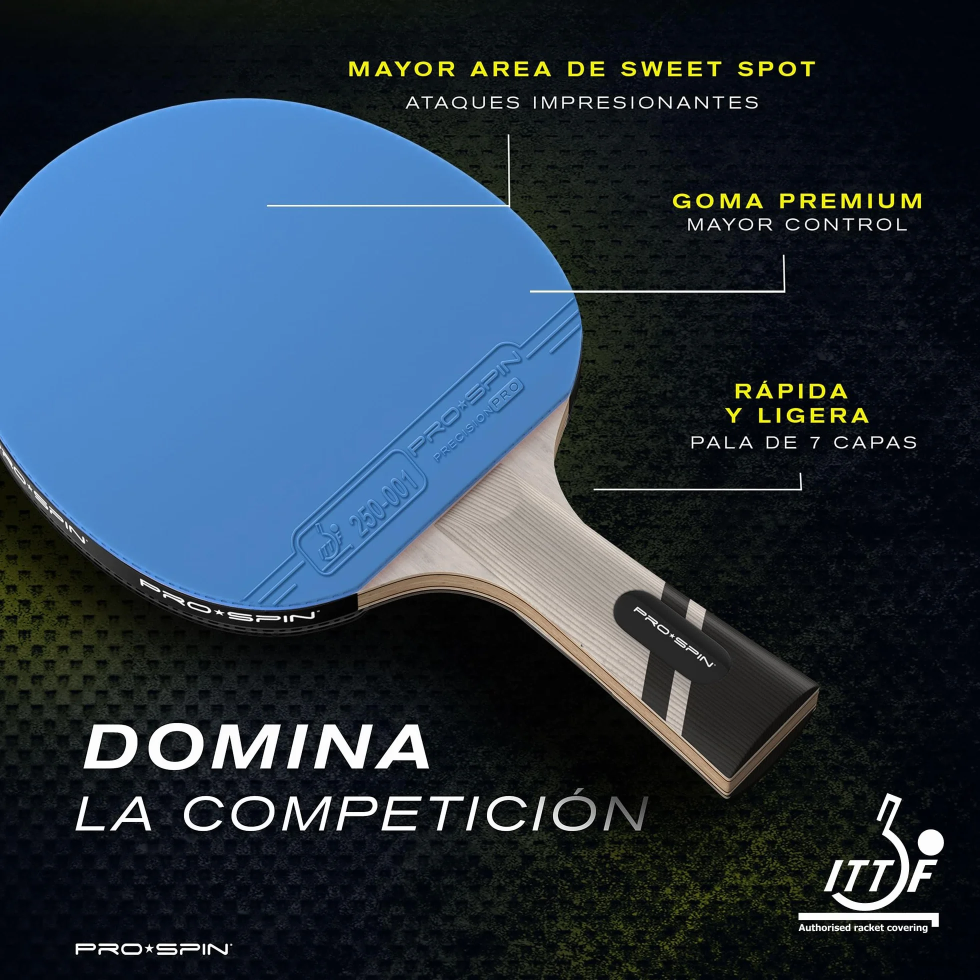 PRO-SPIN Palas de Ping Pong Homologada ITTF Fibra de Carbono Madera 7-Ply Goma Ofensiva Esponja 2 mm