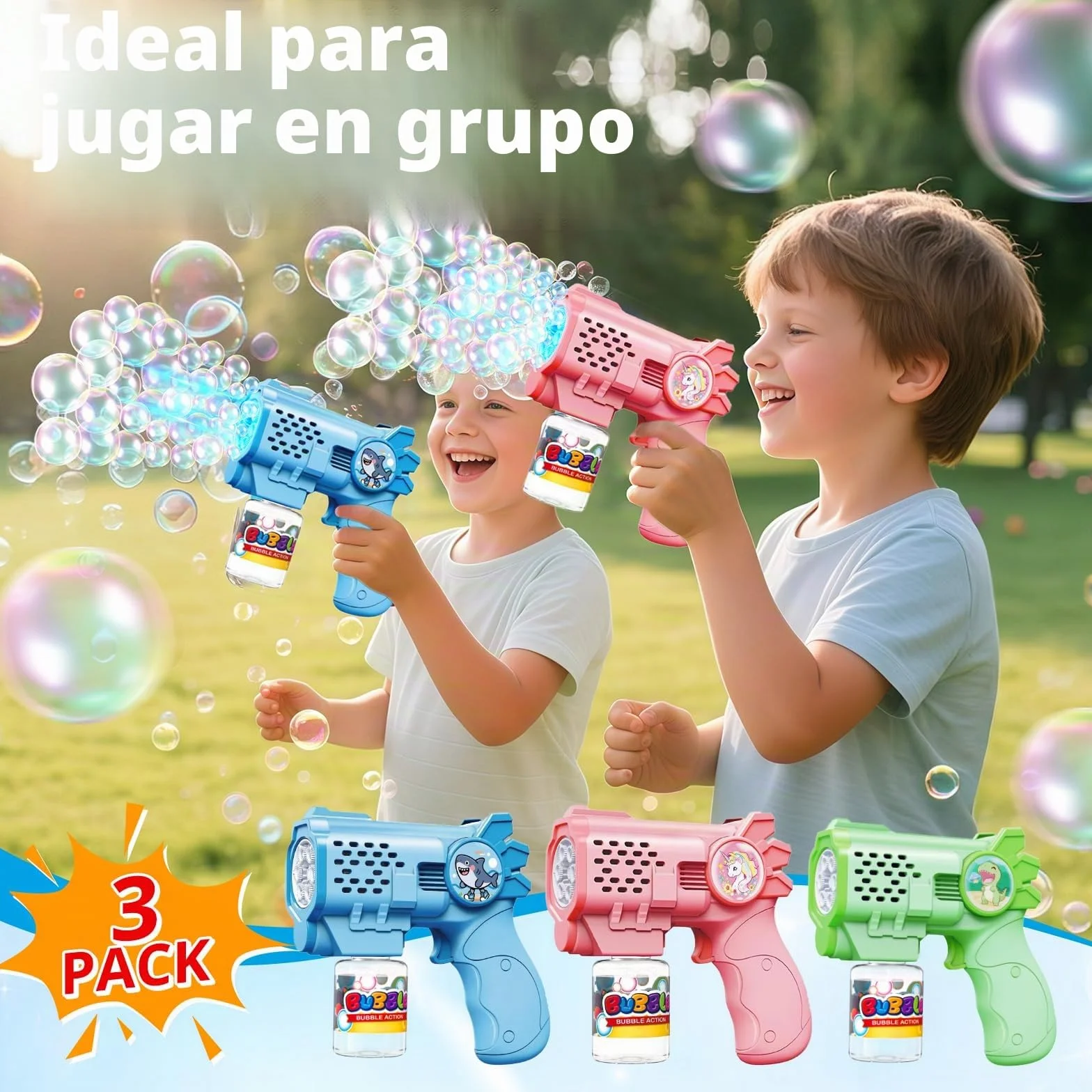 Tecnock Pack de 3 Pistolas de Burbujas Automáticas para Niños, 12 Pilas AA Incluidas, 3 Botellas de Solución y 5 Recargas, Ligeras, Antiderrames, Regalo de Cumpleaños y Detalles para Fiestas
