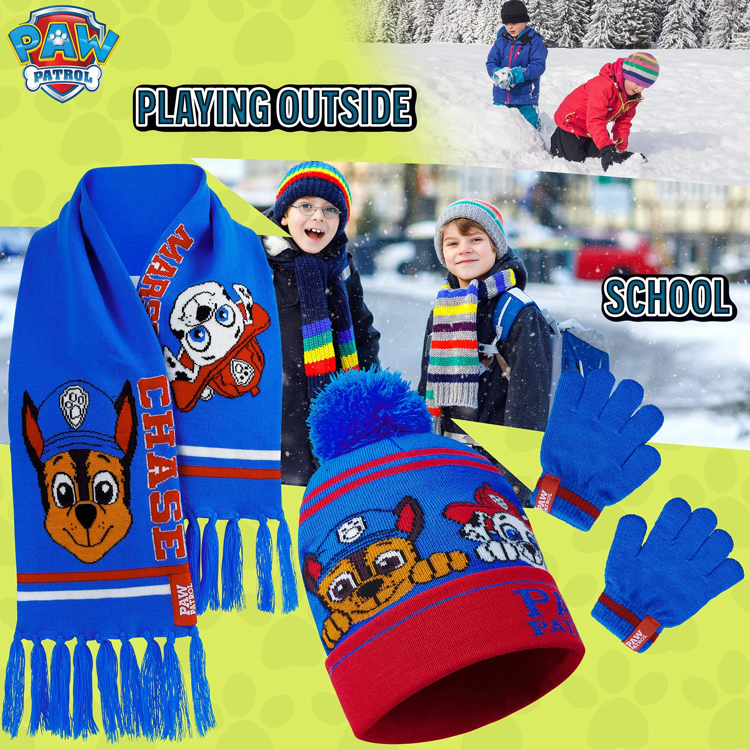 Paw Patrol Set de Invierno 3 Piezas Gorro Pompón Bufanda Guantes para Niños