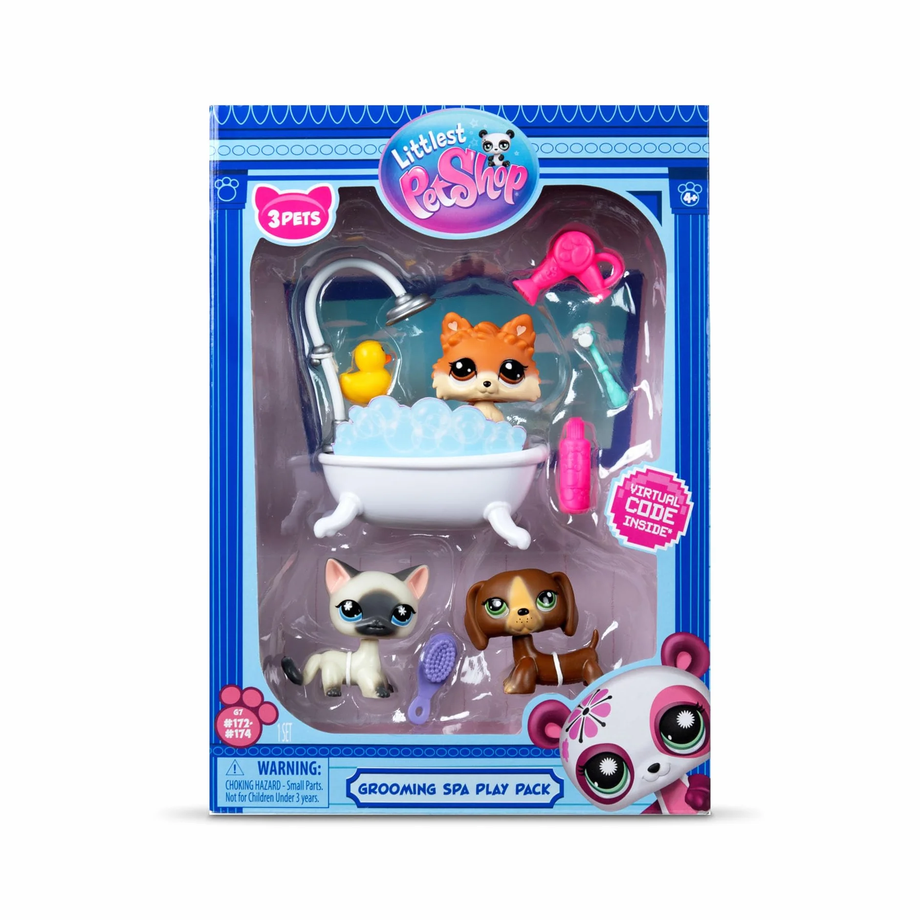 BANDAI - Littlest Pet Shop - DÍA DE SPA BF00638, 3 Mascotas, 10 Accesorios, 1 Tarjeta de coleccionista, 1 código Virtual, Generación 7 Mascotas 172, 173, 174, Figuras de LPS, a Partir de 4 años