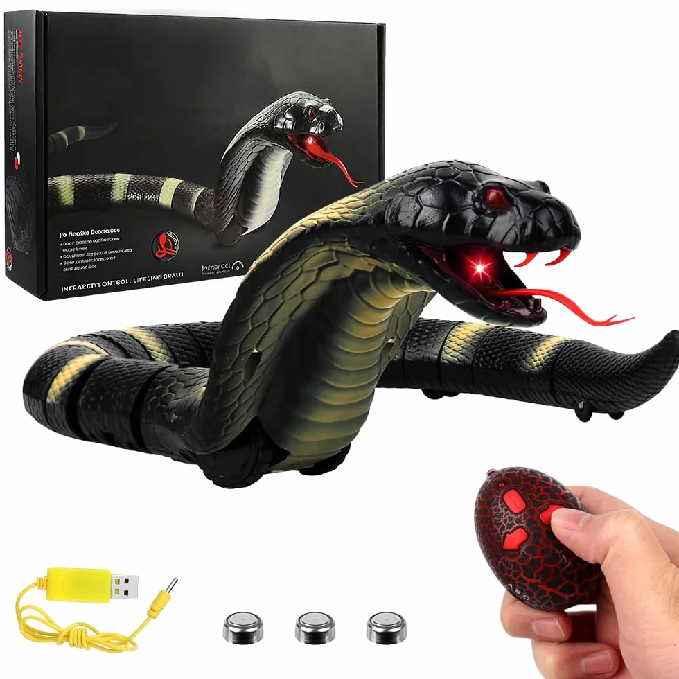 Serpiente teledirigida, RC teledirigido cobra serpiente, serpiente de juguete eléctrico, con mando a distancia, ojos LED brillantes, lengua retráctil
