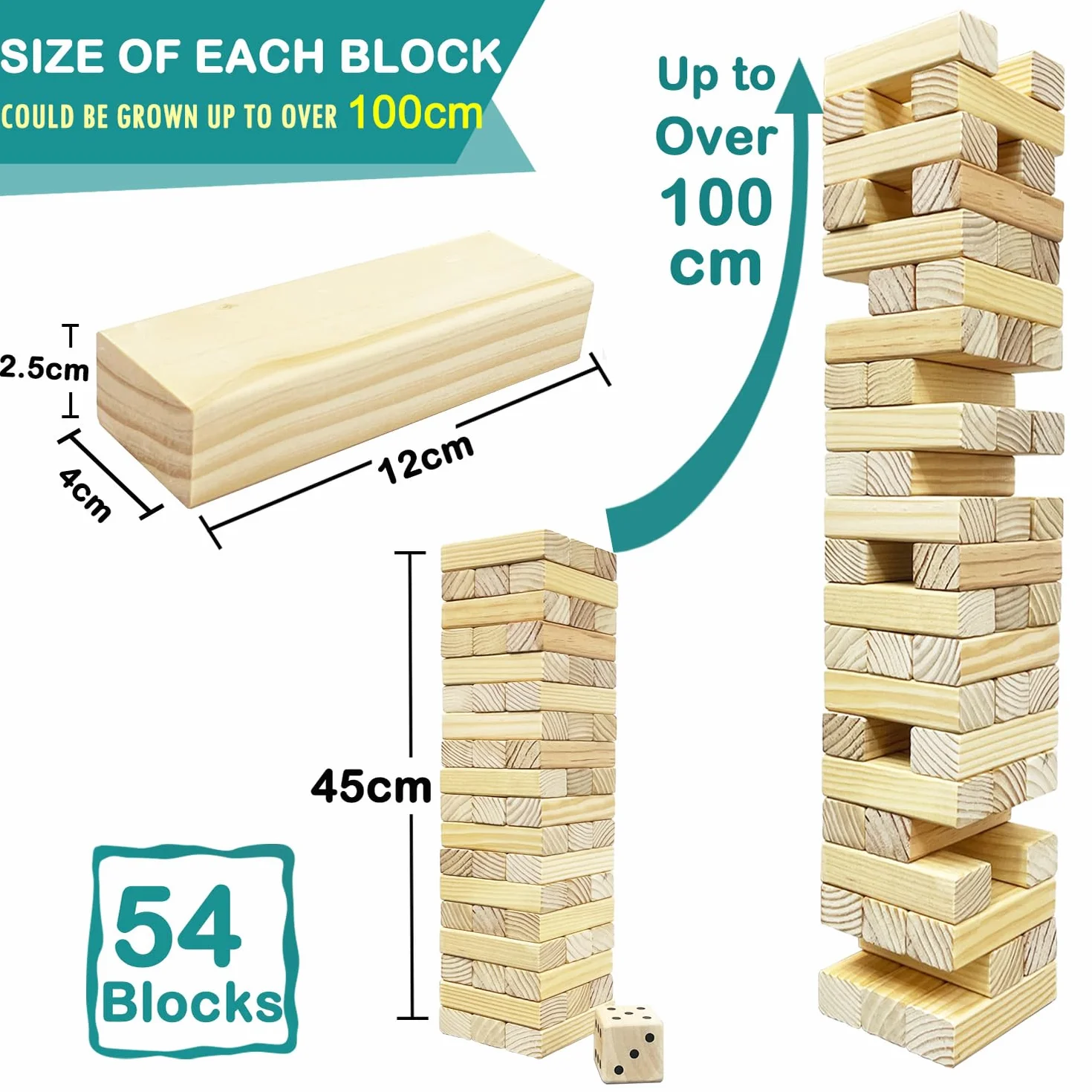 Torre de volcar de madera - Juego apilable - 54 piezas - Juegos de exterior para la familia - Gran tamaño - 54 piezas