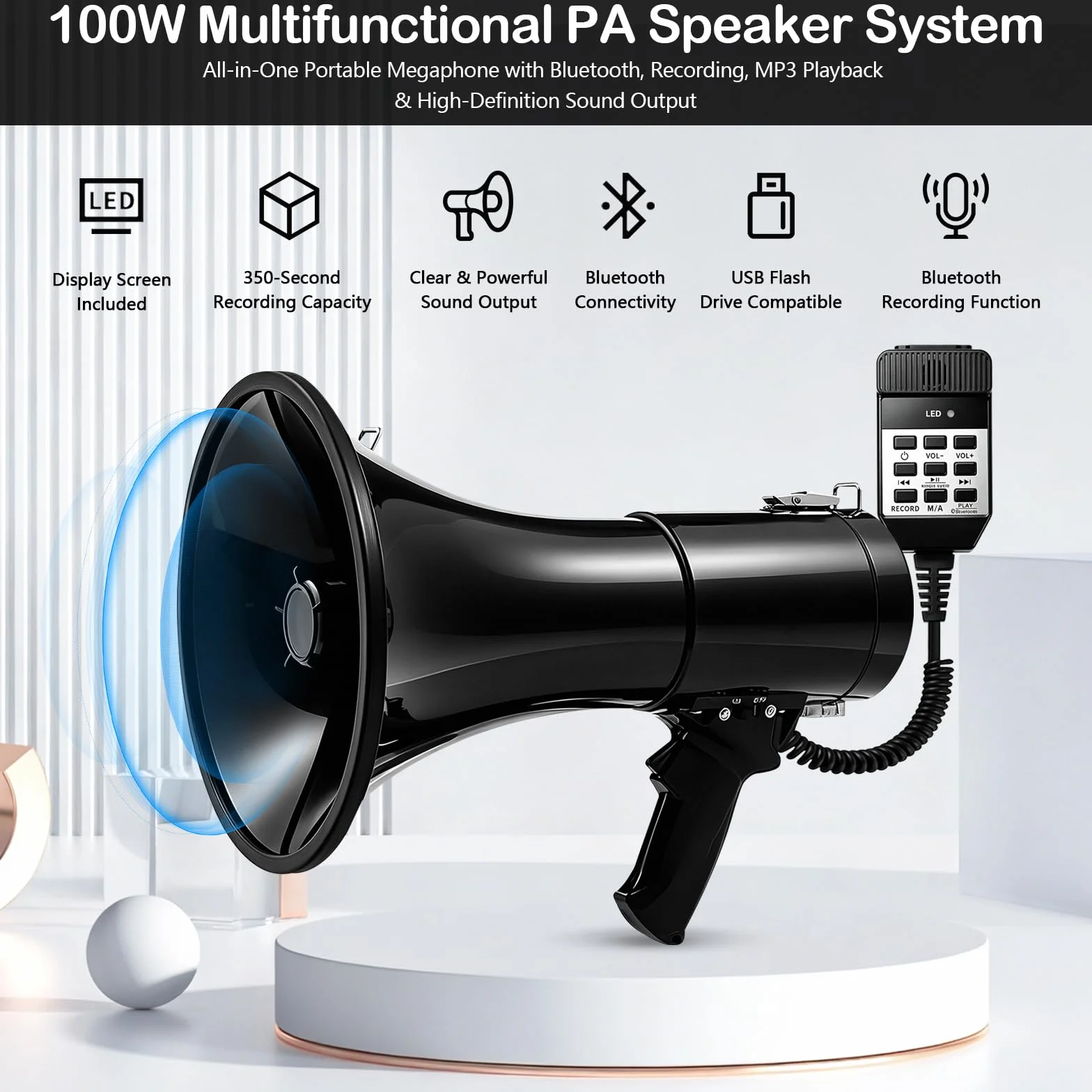 Megáfono 100W Bluetooth con Grabación, Triple Alimentación, 2 Baterías, Alcance 2000m, Sirena, Micrófono Externo, USB, Correa