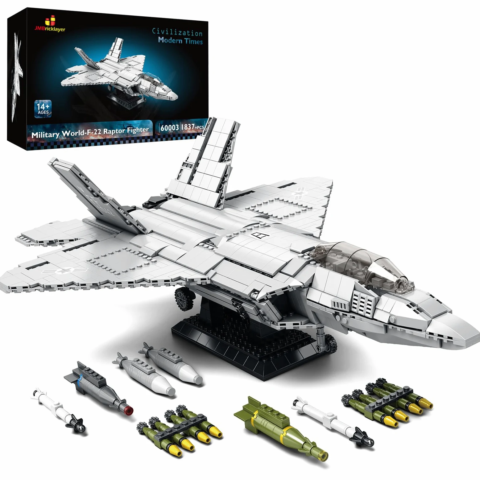 JMBricklayer F-22 Raptor Fighter Jet Juego de bloques de construcción, juegos de juguetes de aviones militares, juguetes regalos para niños, adultos y fanáticos militares 60003