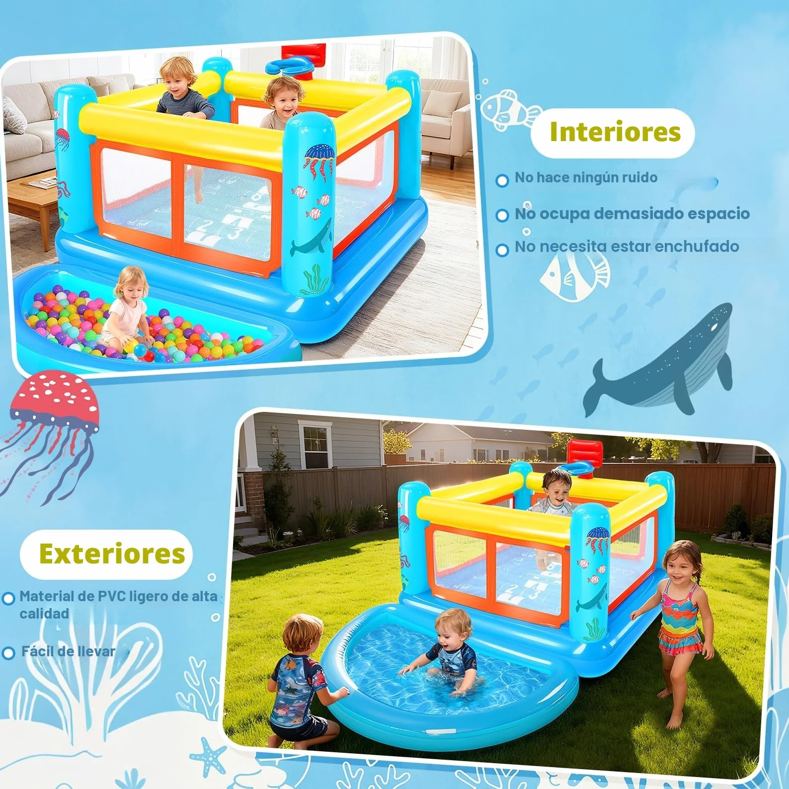 Castillo Hinchable para niños de 3 a 6 años, pequeña casa de Juegos Hinchable de PVC con cojín para Saltar, Piscina de Bolas extraíble, Canasta de Baloncesto y Juego de Saltar, Incluye Bomba de Aire