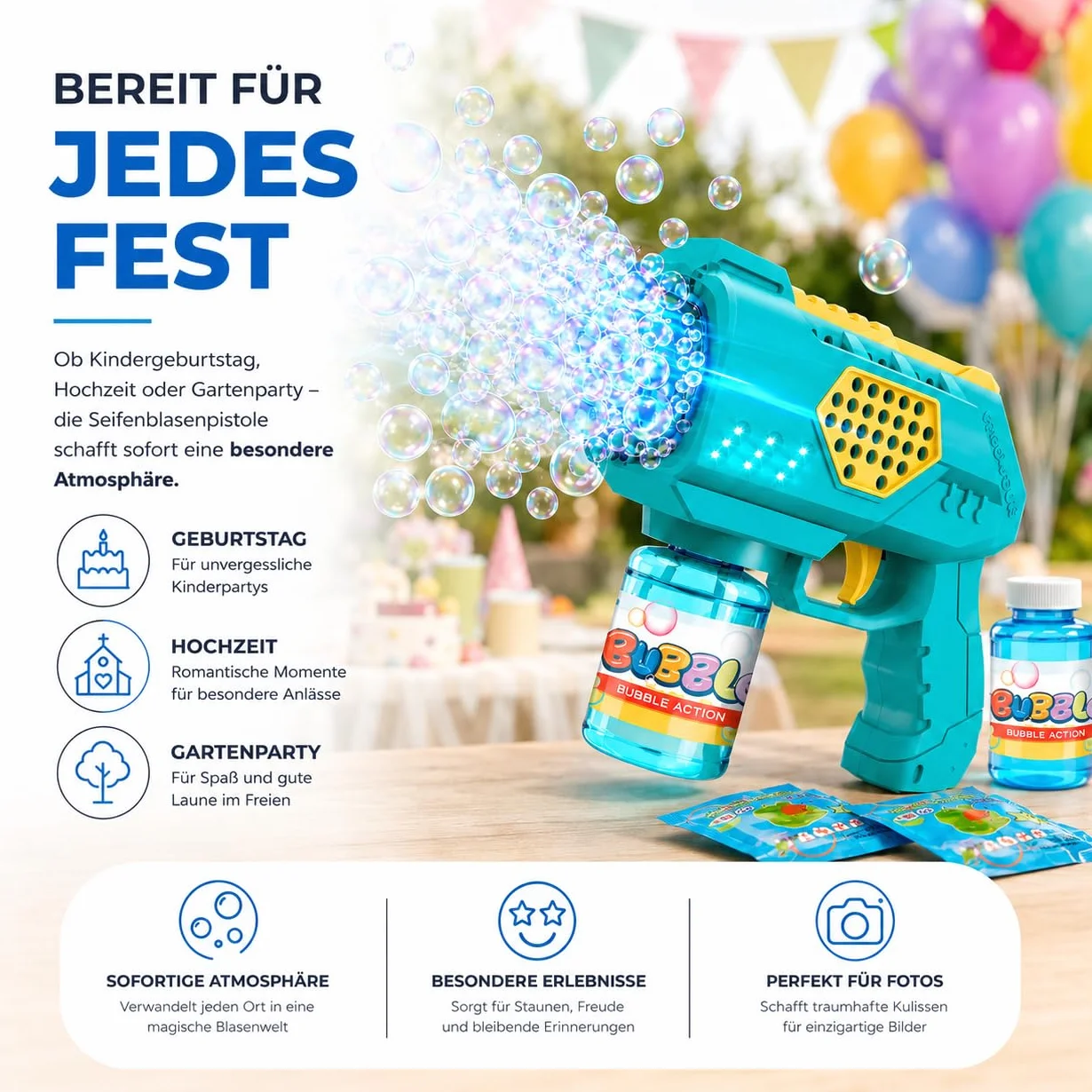 Pistola de burbujas para niños y adultos, para pompas de jabón automáticas y pistola, con depósito, máquina de burbujas de jabón para bodas y cumpleaños