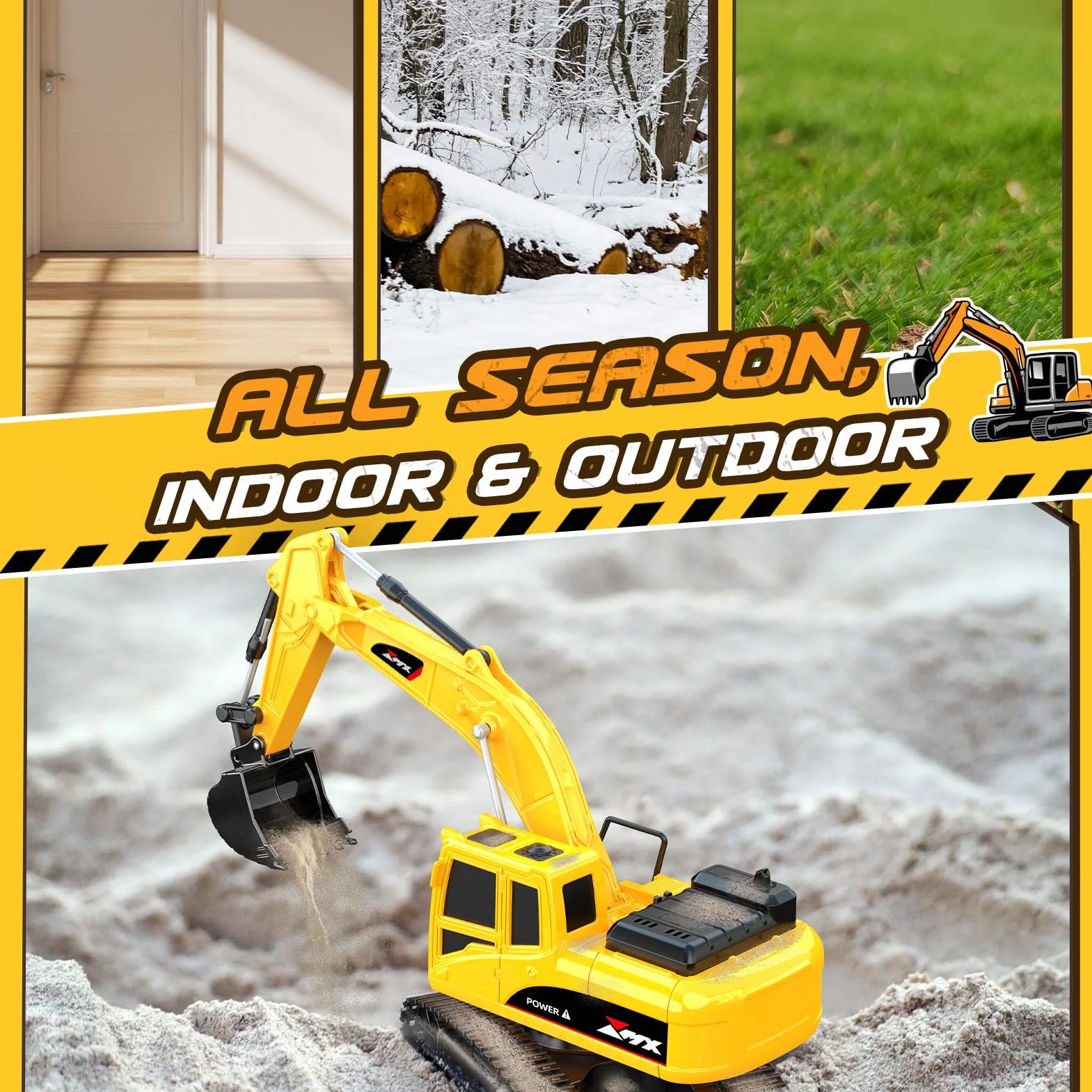 HappyGoLucky 1:24 Excavadora Juguete Teledirigido para Niños 3-9 Años, Camiones Juguete RC Teledirigido 2.4GHz con Grúa Torre y Señales de Tráfico, Luz LED, Mini Excavadora, Regalo Cumpleaños/Navidad