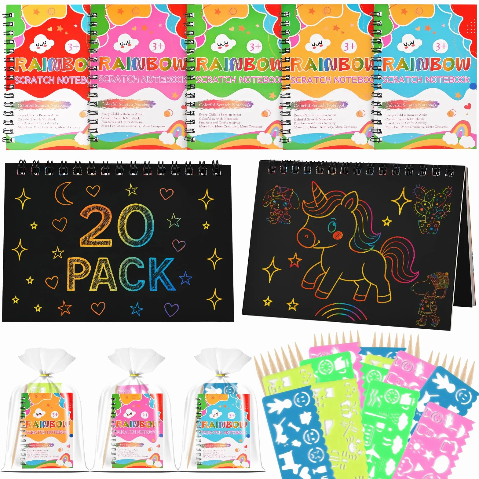 GOLDGE 20 Libros Scratch Art, Kit Manualidades Niños para Detalles Cumpleaños Niños|Juguetes Niña y Niño, Regalos Cumpleaños Niños Colegio Invitados con Bolsas|Regalo Niña y Niño 2 3 4 5 6 7 8 9 Años