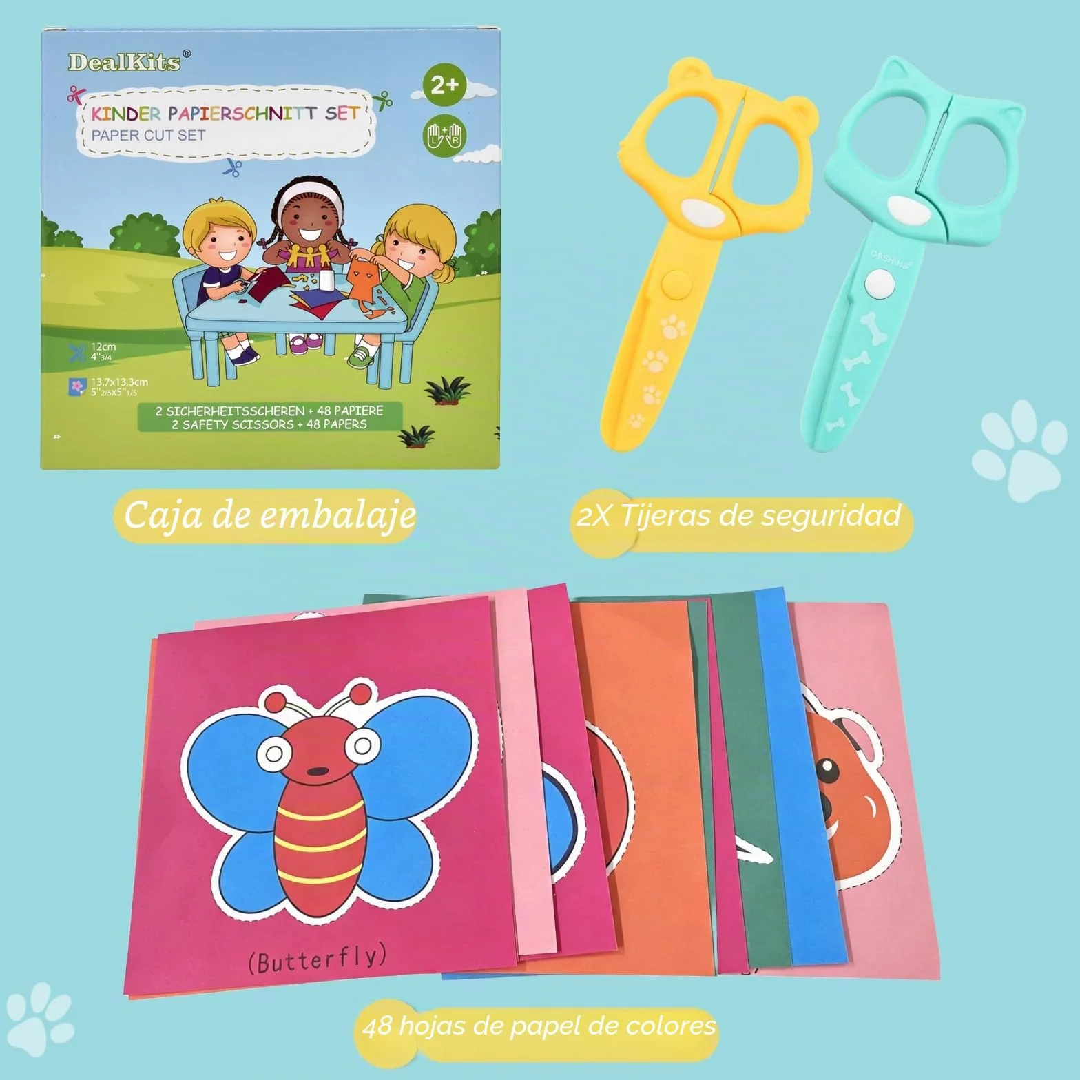 DealKits Juego de Corte Para Niños - 2 Tijeras de Seguridad + 48 Hojas - Actividades Divertidas Para Preescolar y Guardería - DIY