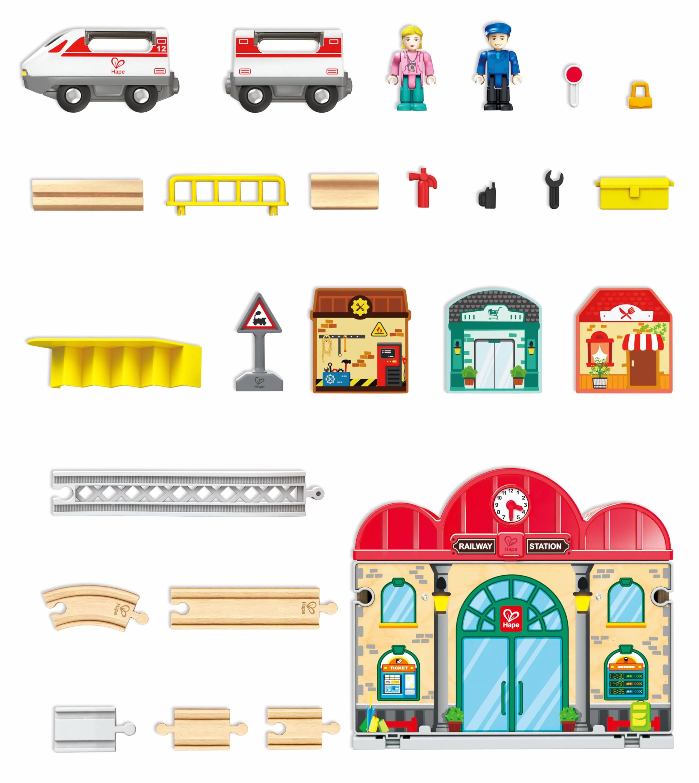 Estación de Tren de Madera portátil de Hape | Juego de Tren para niños | Vías, estación y Personajes | Fácil de Transportar