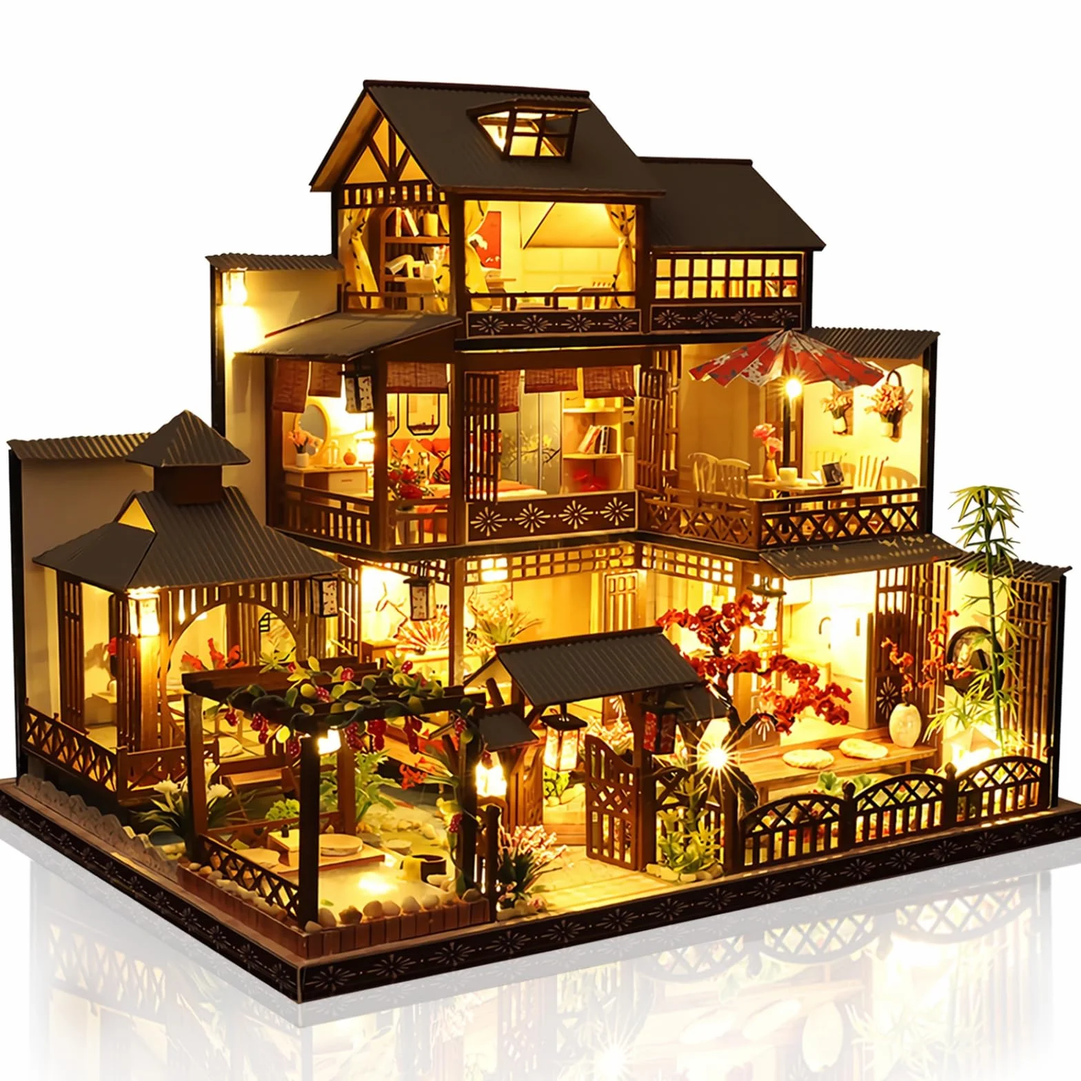 Cuteefun Casa de Muñecas en Miniatura con Luz LED, Modelos de Madera Hechos a Mano, ¡Construye la Casa de Tus Sueños, Cumpleaños y Navidad (Patio de Ocio)