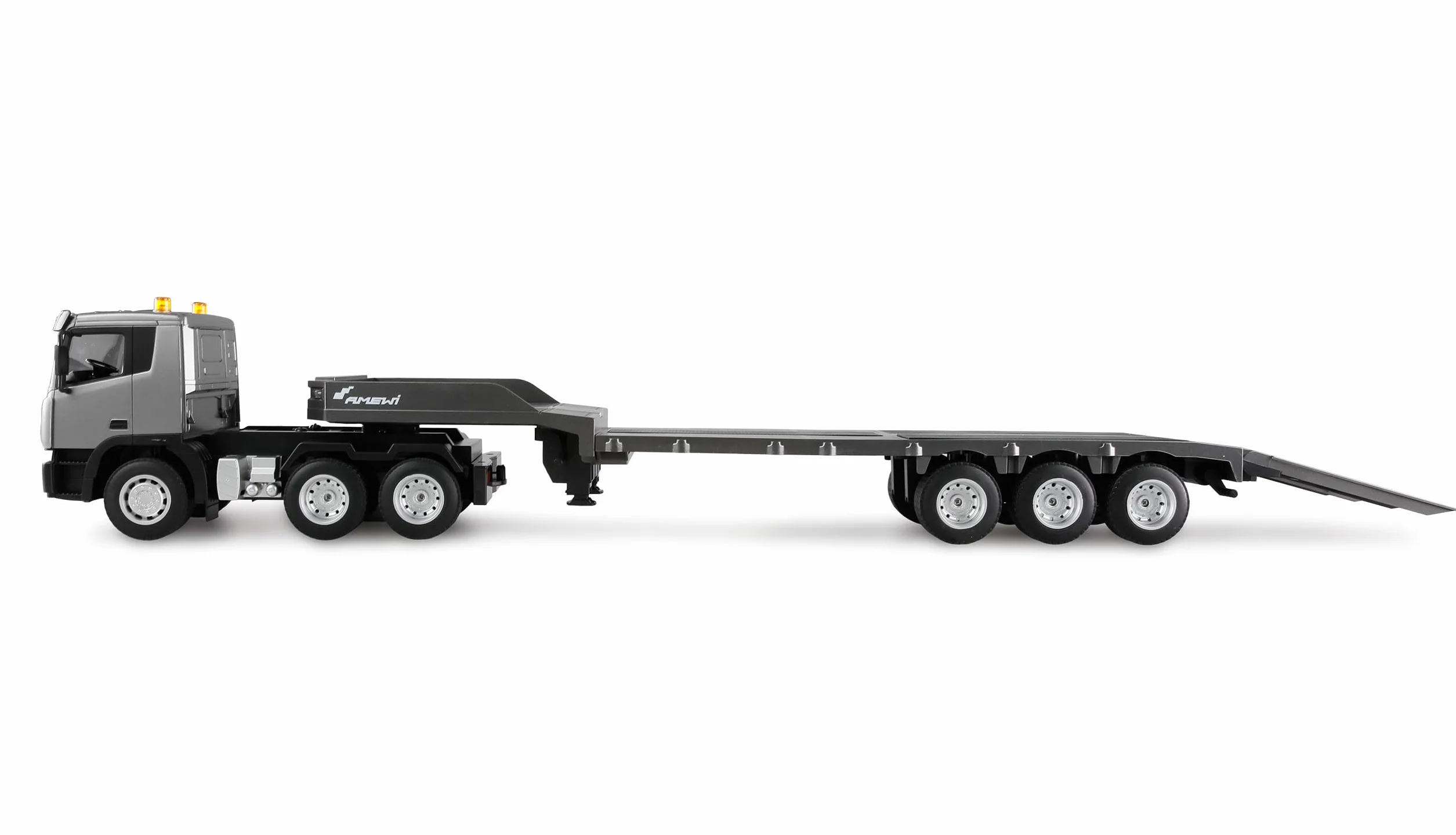 Amewi Juego de camión 2 en 1 con camión de Carga Baja y Excavadora 1:24 RTR teledirigido RC Obras para niños de 8 años, Color Antracita, Negro y Amarillo