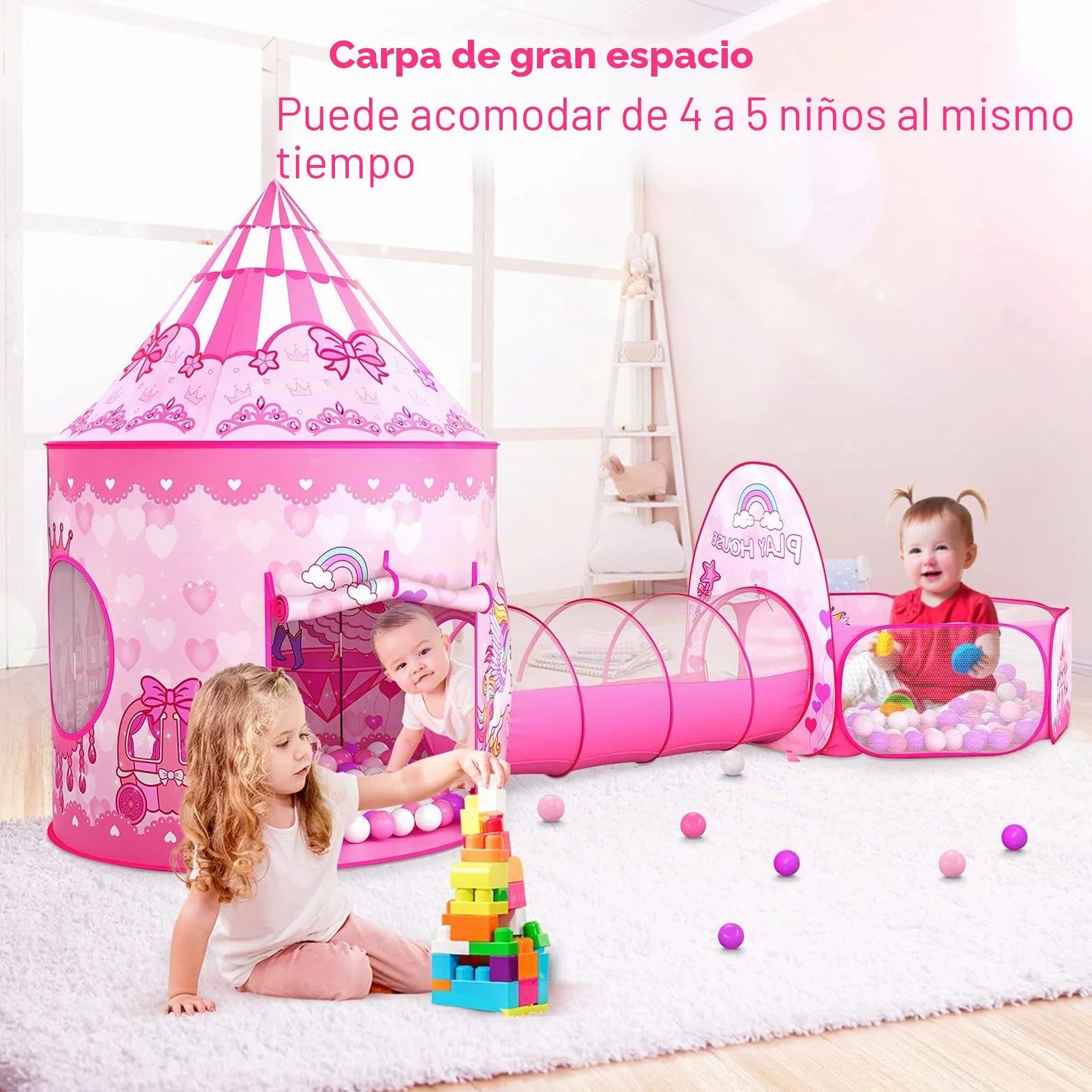 Wilwolfer Tienda de Campaña Infantil Pop-up+Túnel de Juego Infantil+Piscina de Bolas Bebé - 3-en-1 Tienda de Juego para Niños Niñas - Gran Casita Infantil Interior y Exterior