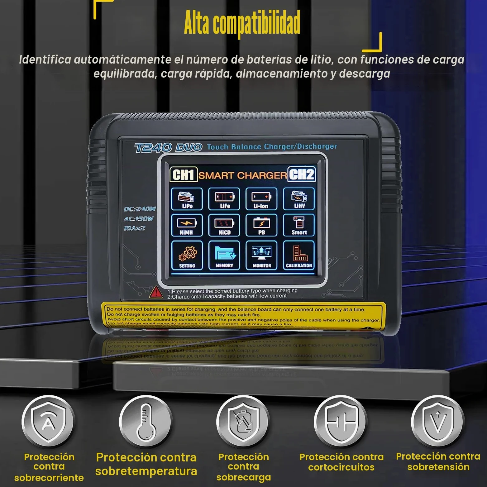 Cargador baterias Coche con equilibrador batería Cargador Dual CC/CA 11-18V 240W CA 100-240V 150W Detección Auto LiPo/Lilon/Life/NiMH/Ni/PB/NiMH Pantalla táctil LCD de 3,2 Pulgadas 10A (T240)