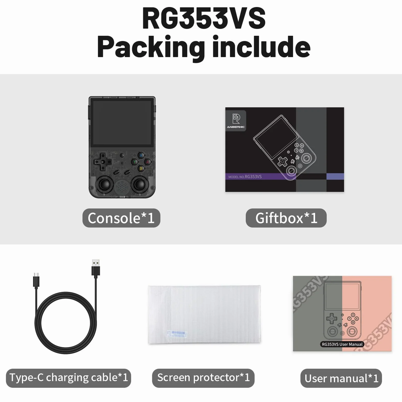 RG353VS - Consola de juegos retro sin juegos, sistema Linux, protector de pantalla IPS de 3.5 pulgadas, RK3566, consola de juegos de 64 bits, 5G WiFi/Bluetooth 4.2 (negro transparente)