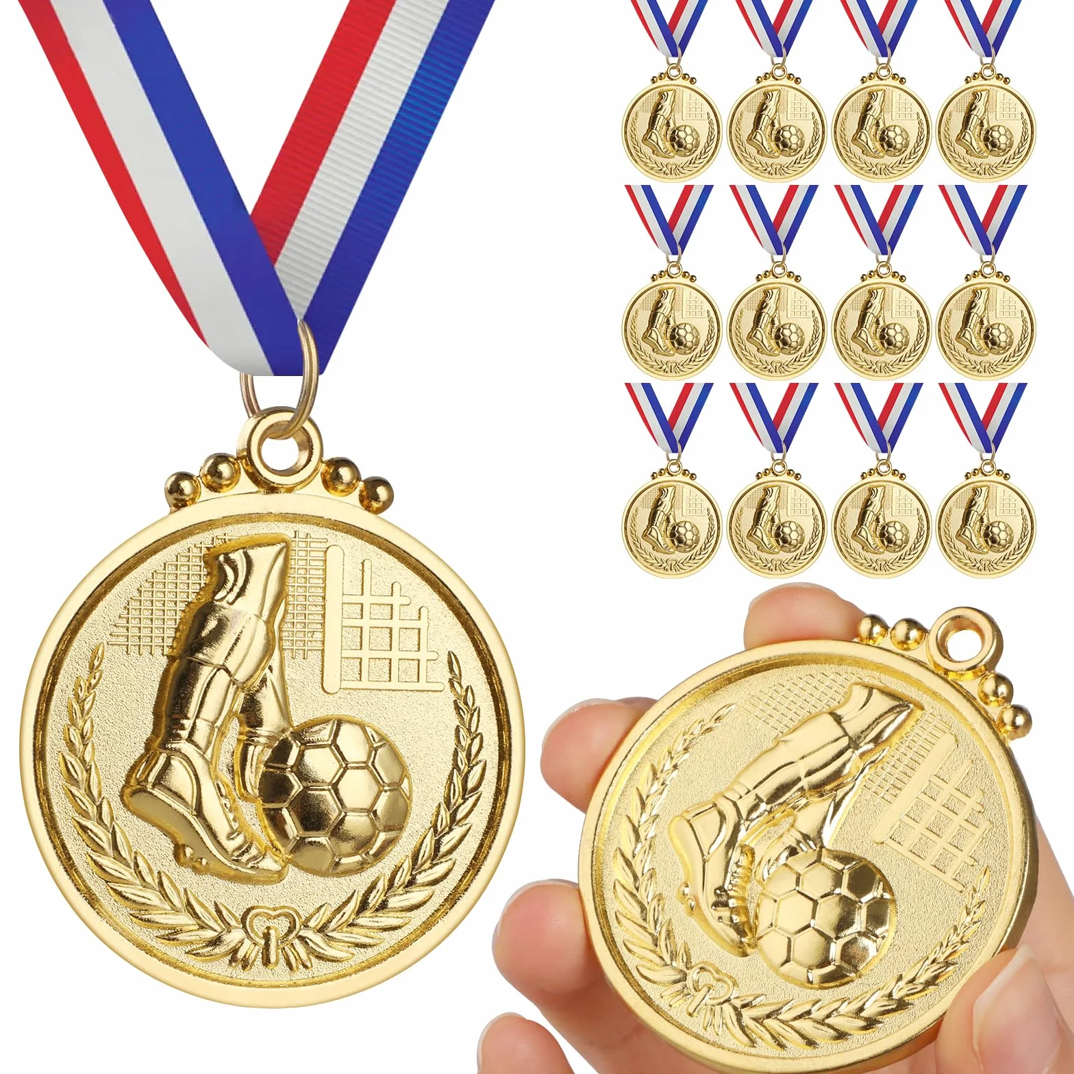 GeeRic 12 Piezas Medallas Niños Metal Futbol con Cintas Dorado Estilo Olímpico