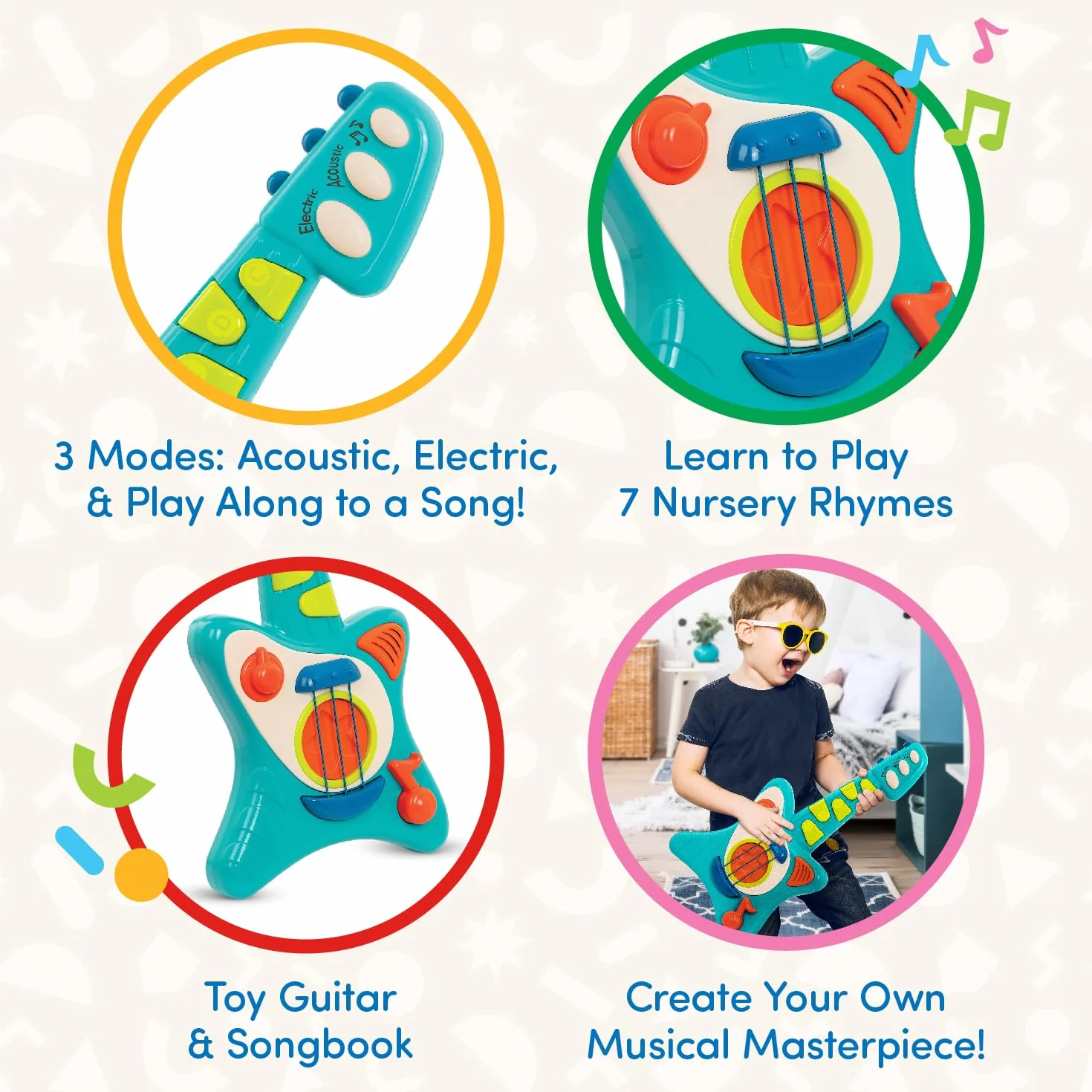 Battat Lil' Rockers Guitarra Infantil, Instrumento con Canciones, Guitarra acústica y eléctrica - Juguete para niños a Partir de 2 años, Azul