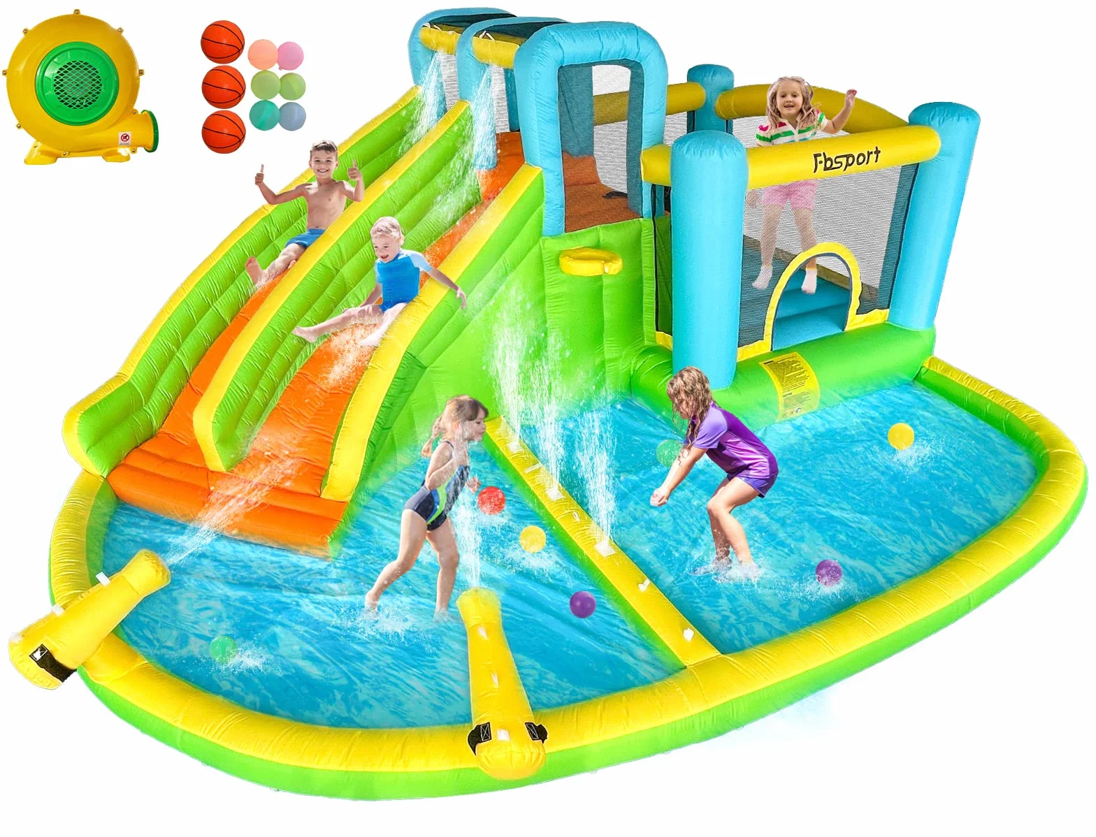 FBSPORT Castillo Hinchable Grande con Ventilador para niños Grandes tobogán seco y de Agua, Adecuado para niños, Castillo Children's Bouncy para Uso Interior o Exterior