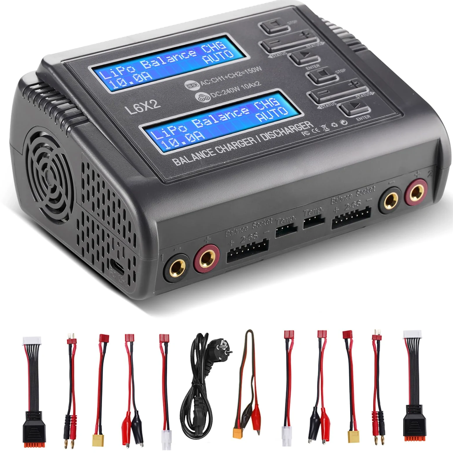 Haisito L6X2 Duo RC Balance Cargador/Descargador para Lilon LiPo Life LiHV NiCd NiMH PB Smart Batería Dual Multicargador AC 150W DC 240W 10A x 2
