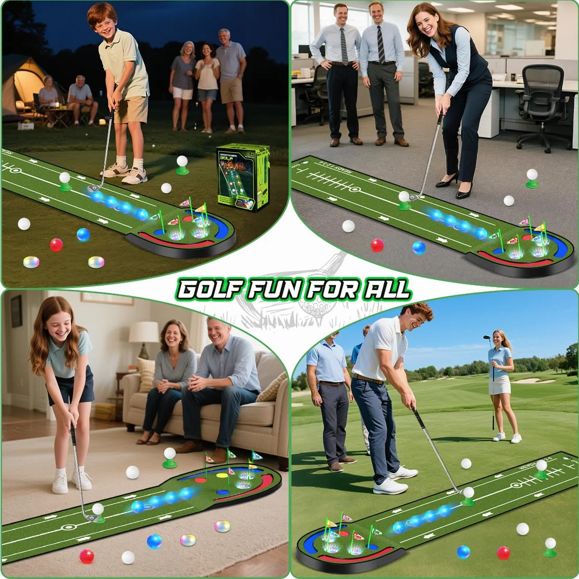 TERRAMUS - Tapete de Golf Mejorado para niños, Green de 2,3 m con Hoyos iluminados con LED, Bolas Brillantes, 2 Palos, Juego de Golf de Juguete, tapete de Golf para Interior y Exterior