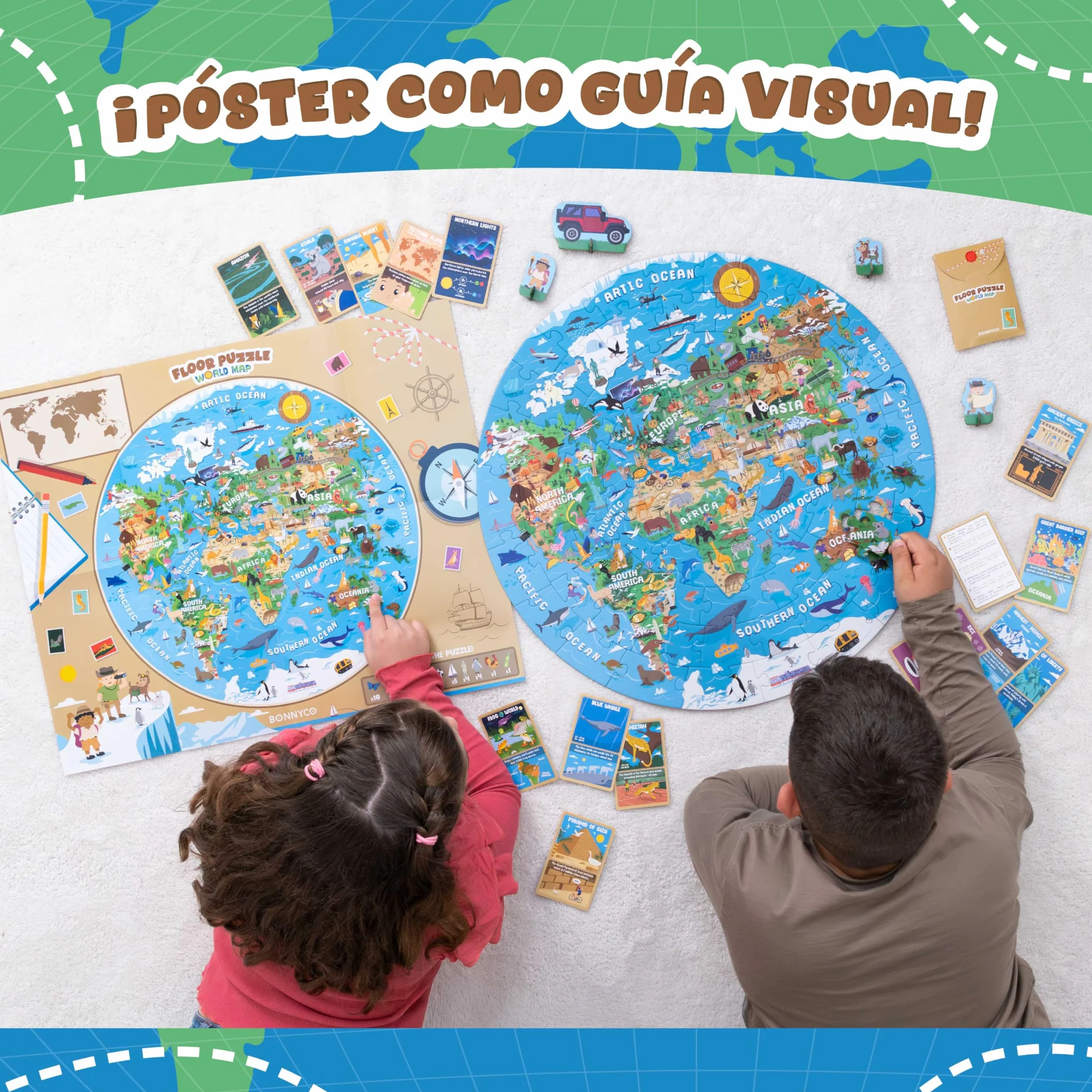 BONNYCO Puzzle XXL Mapa Mundi Niños con 70 Piezas Grandes. Rompecabezas Redondo con Animales, 58 x 58 cm, 15 Tarjetas, 4 Figuras y Guía. Juegos Educativos, Regalos, Juguetes Niños 4 Años