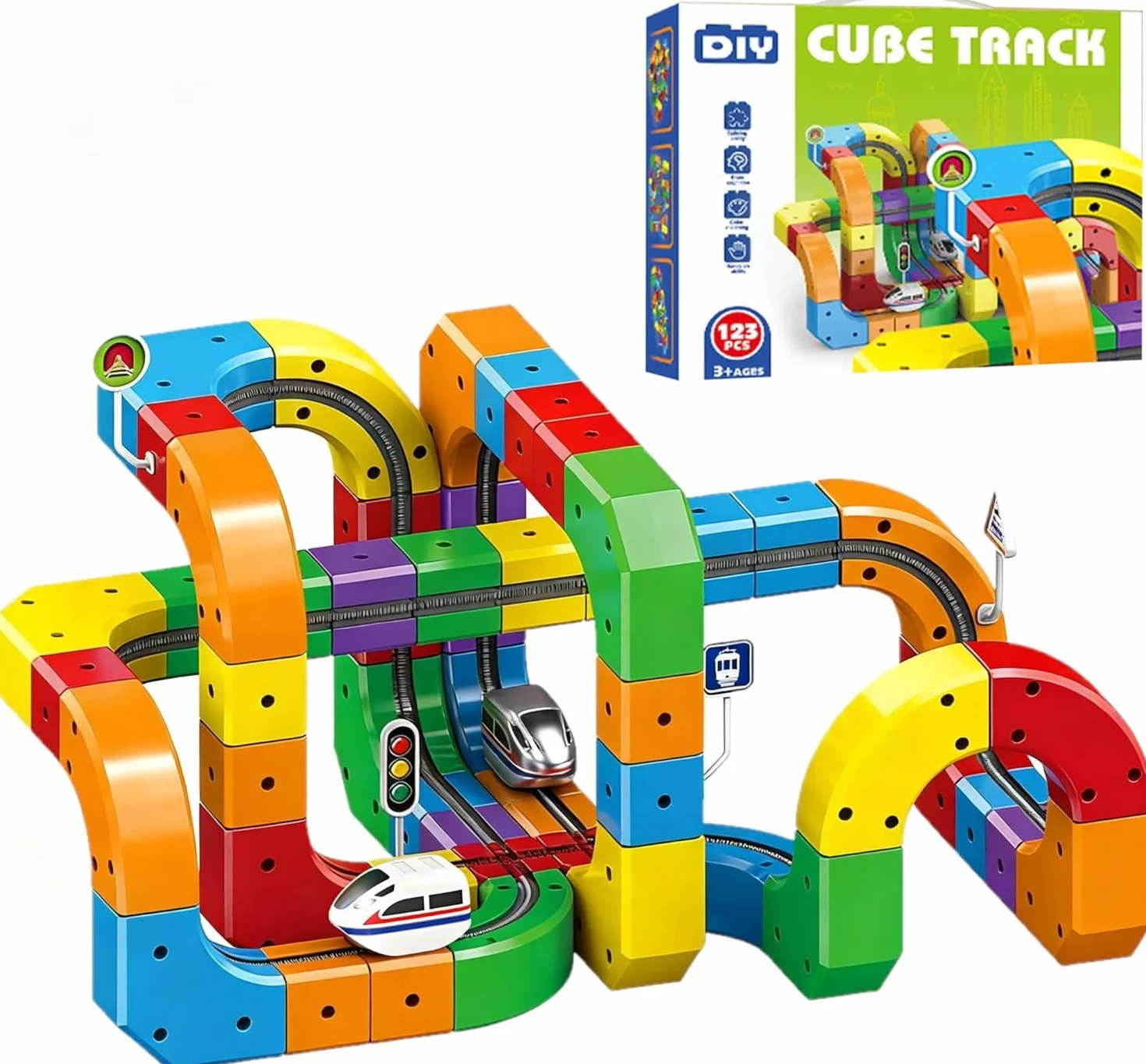 Clickrail Electric Train Set, DIY Cube Track, Cubix 3D Tren Magnetico Juguete con Gravedad Defying, Klickrail Block Bloques Mágicos y Tren Motorizado, Trens Eléctrico Regalo para Niños (123 Piezas)