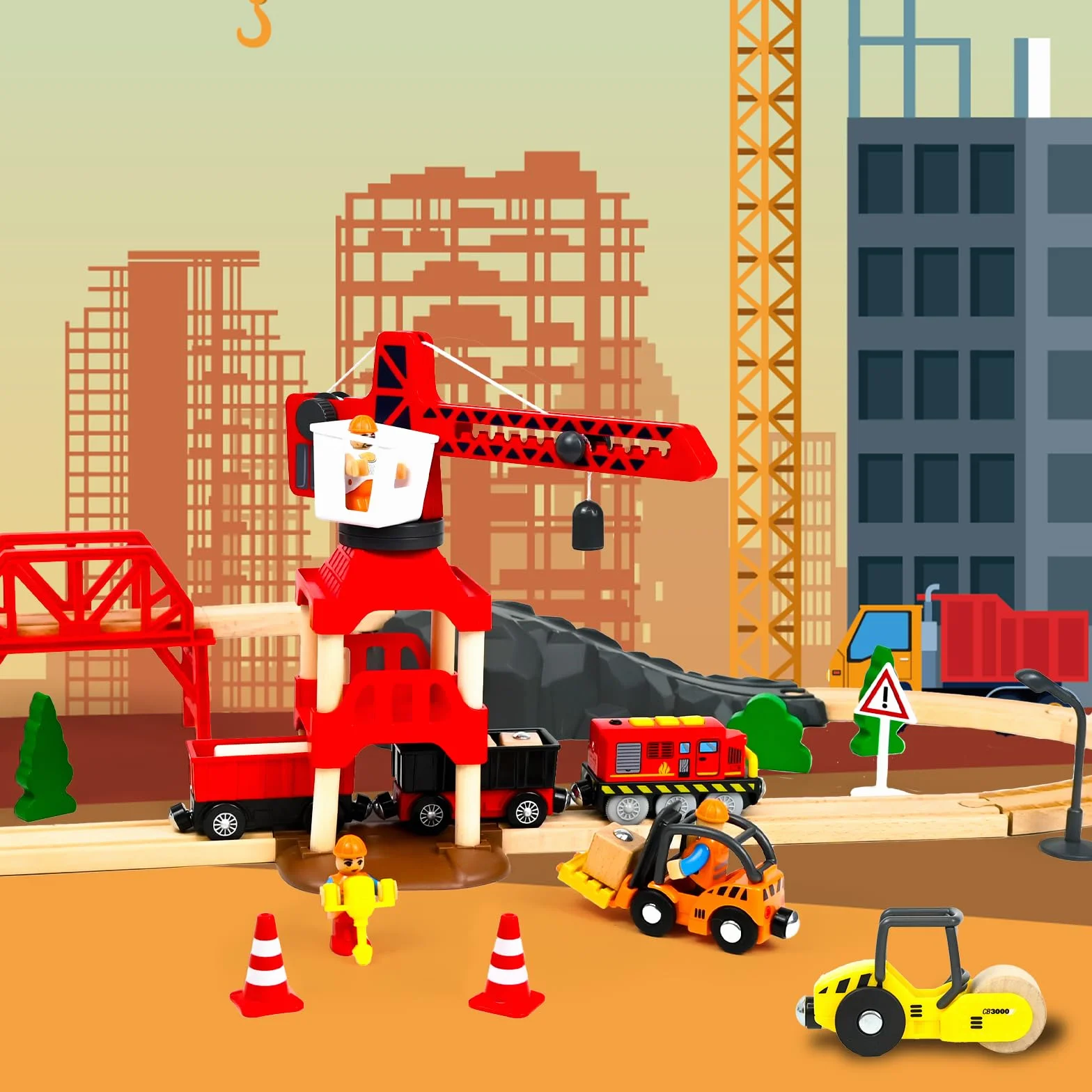 FORMIZON 87 Piezas Pistas de Tren Madera, Ferrocarril Madera con Tren Eléctrico y Coche de Bomberos, Tren Juguetes Regalos de Cumpleaños y Navidad para Niños, Compatible con Las Principales Marcas