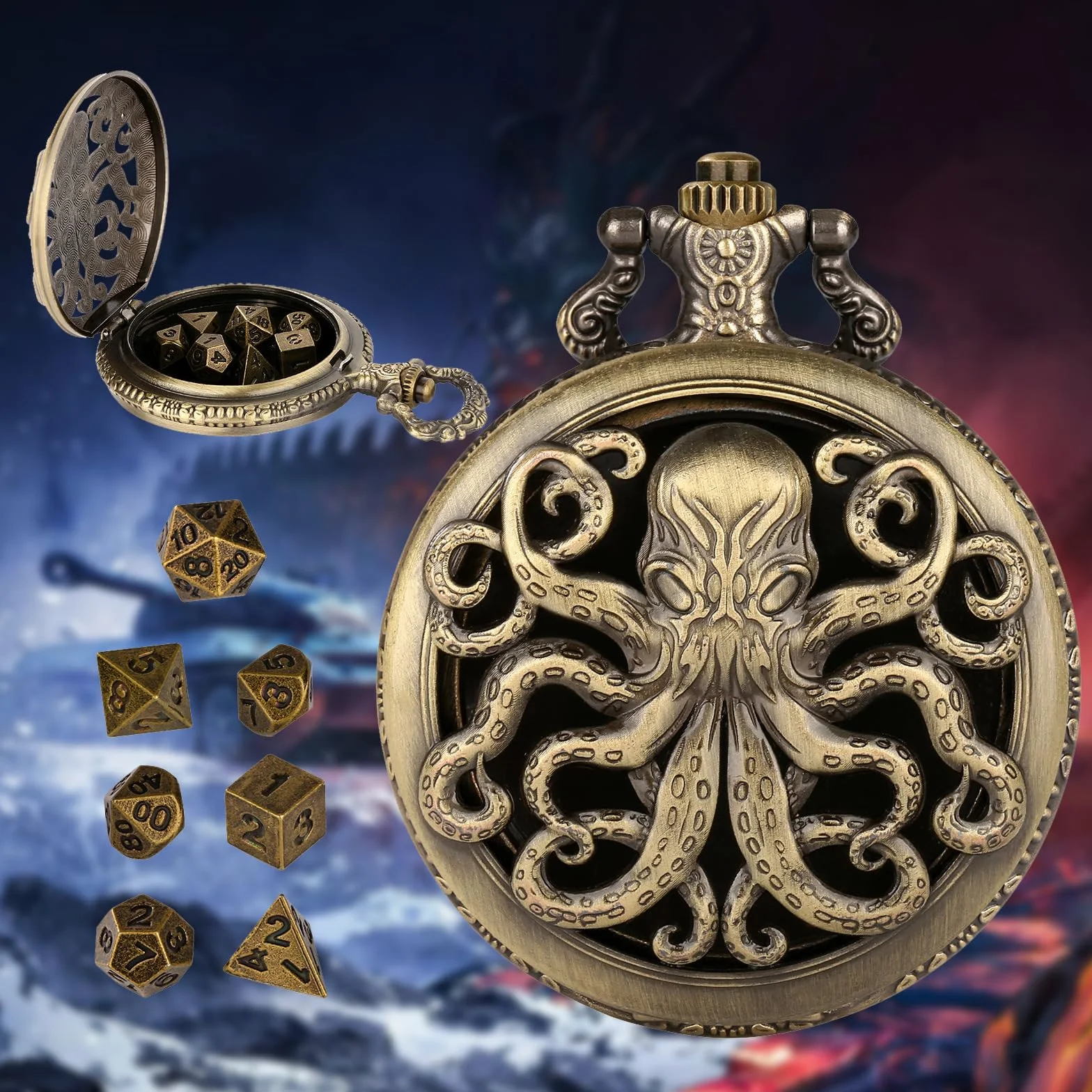 Mini Dados DND con Caja de Reloj de Bolsillo Steampunk Hueco Pulpo - 7 Piezas Poliédrico Metal D&D Juego de Mesa - Bronce