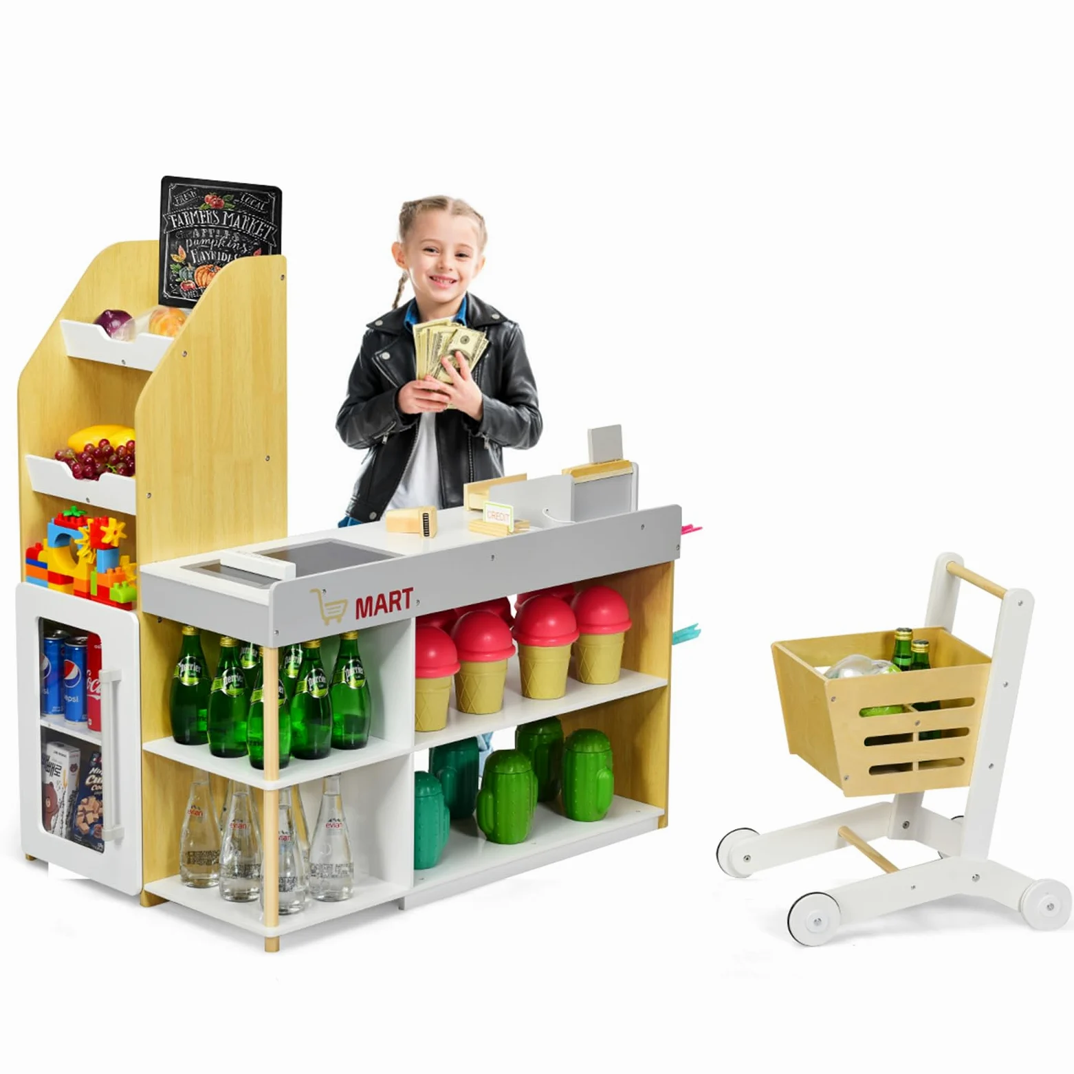 COSTWAY Juguete de Supermercado con Carrito de Compra Incluye Pizarra,Caja Registradora,Escáner,Lector de Tarjetas,Tarjeta de Crédito y Monedas Juguetes de rol para Niños