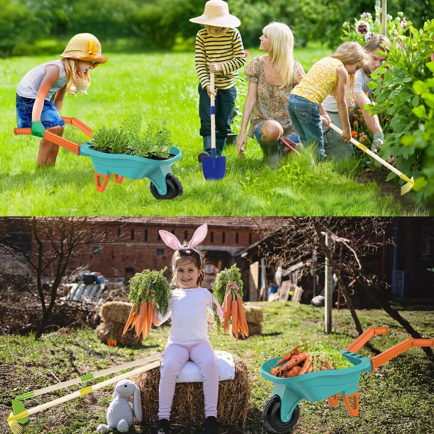 LATERN Juego de Herramientas de Jardinería para Niños, 70CM Carretilla con 70CM Metálica Pala Rastrillo Azada Hojas Rastrillo 20CM Pala Rastrillo Guantes para Exteriores Jardín Patio Césped Excavación