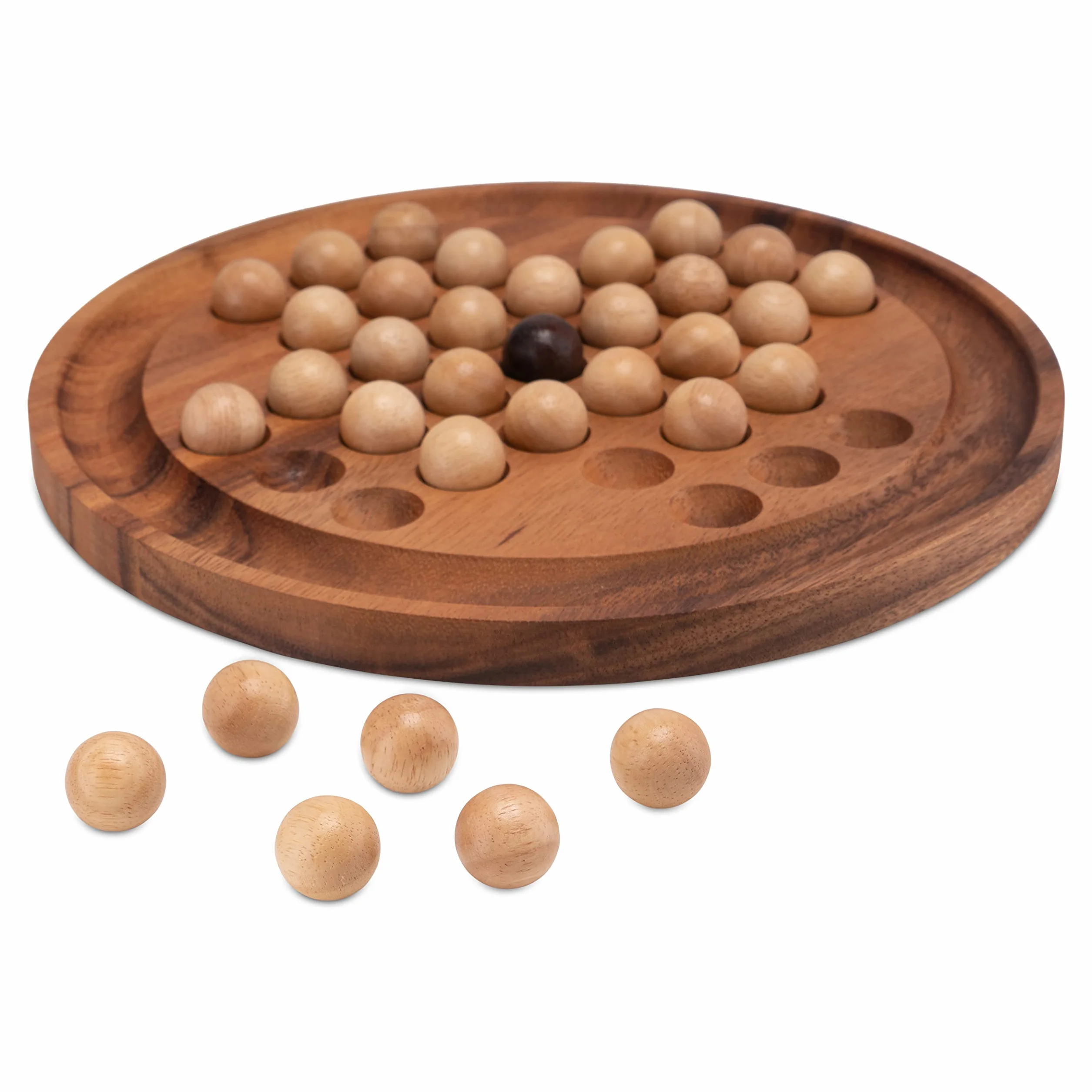 LOGOPLAY Solitario tamaño XL Redondo con Bolas - 26 cm de diámetro - Solitario - Rompecabezas - Juego de Paciencia - Juego de lógica de Madera de Samena Marrón