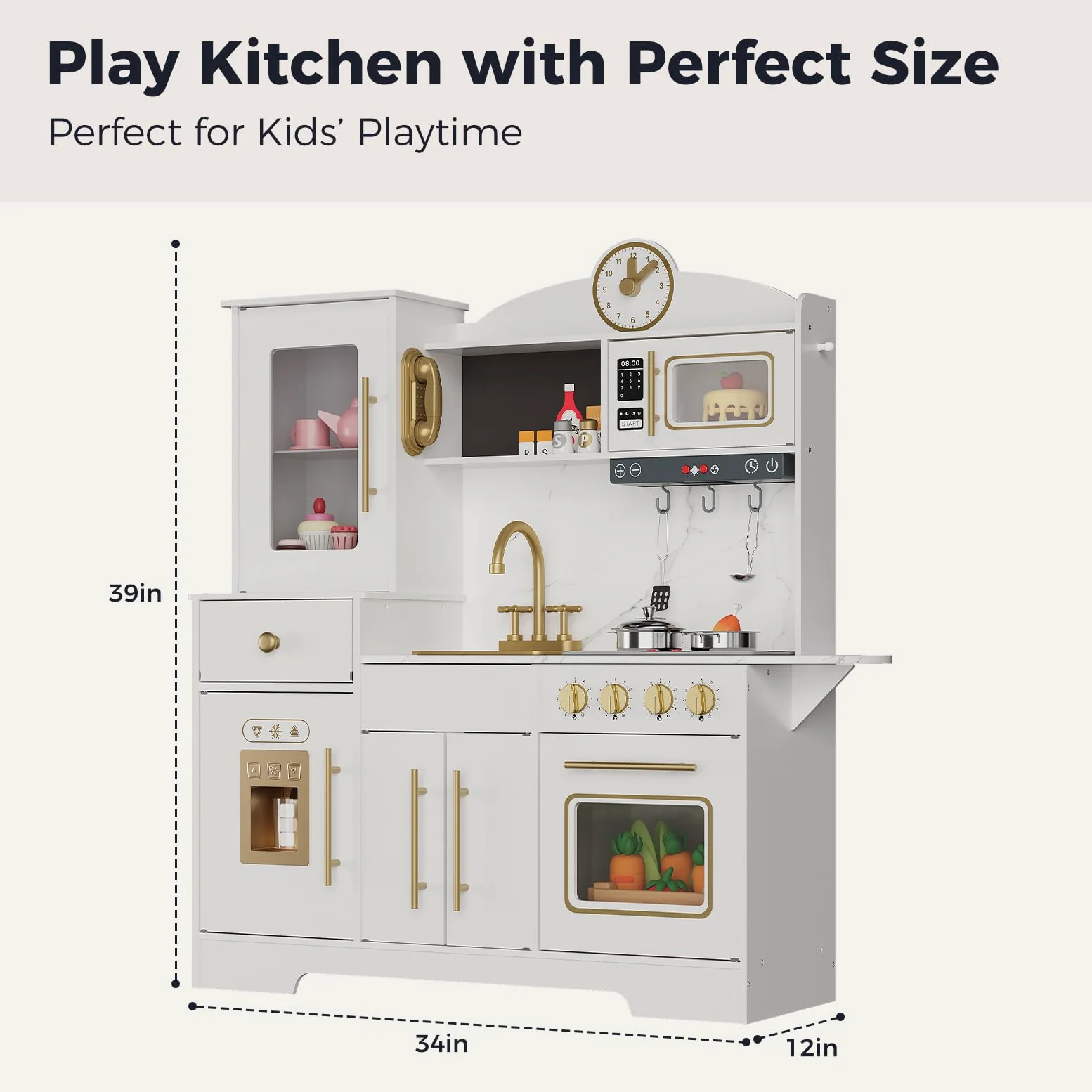 Cocina Juguete para Niños, Cocinita Infantil con Sonido Fogón Grifo Fregadero Microondas Reloj Máquina De Hielo y Accesorios De Cocina, Cocinita De Madera Infantil y 3 Años +, Educativo Imitación