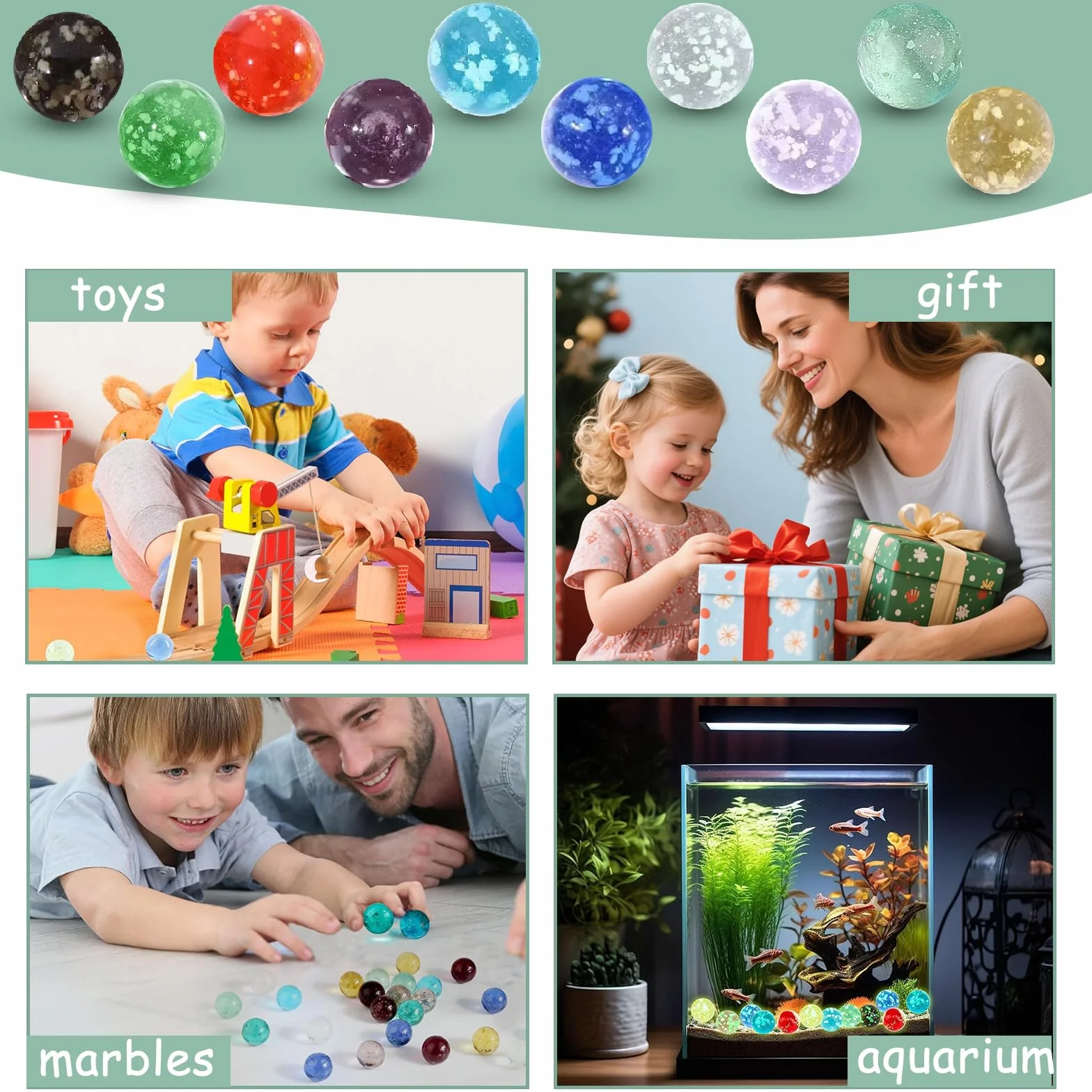 40 Canicas de Vidrio, 16mm Canicas Que Brillan en la Oscuridad, Diez Colores, Adecuado para Juegos Infantiles con canicas