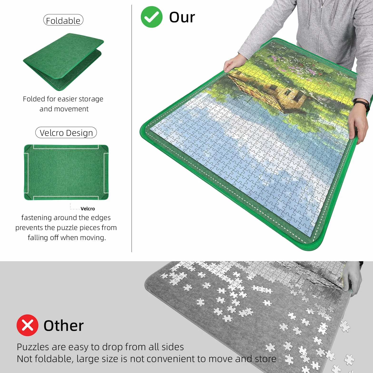 Tablero de Rompecabezas Plegable de 2000 Piezas, Tapete Puzzle Portátil con 8 bandejas Coloridas y Cubierta, Mesa de Puzzle portátil y Ligera de Rompecabezas con líneas auxiliares