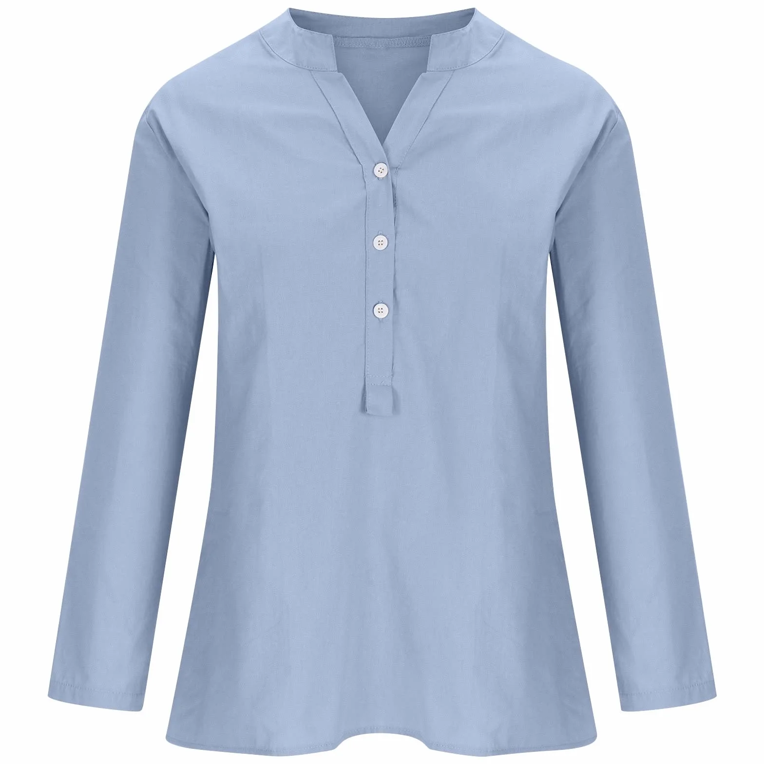 Camiseta Mujer Lino Algodón Manga Larga Cuello en V Color Sólido Talla Grande Transpirable Blusa 2025