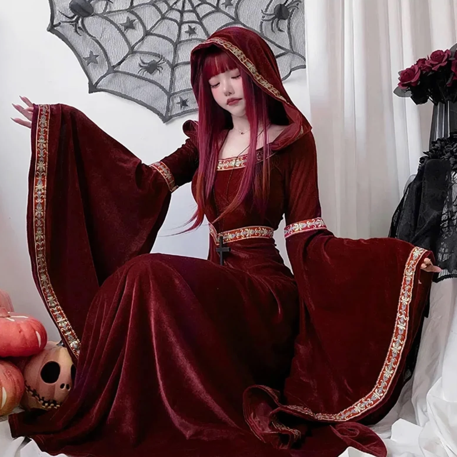 Vestido vintage de bruja Disfraz de vampiro medieval vintage for mujer adulta, vestido bruja largo con sombrero rojo, accesorios escenario