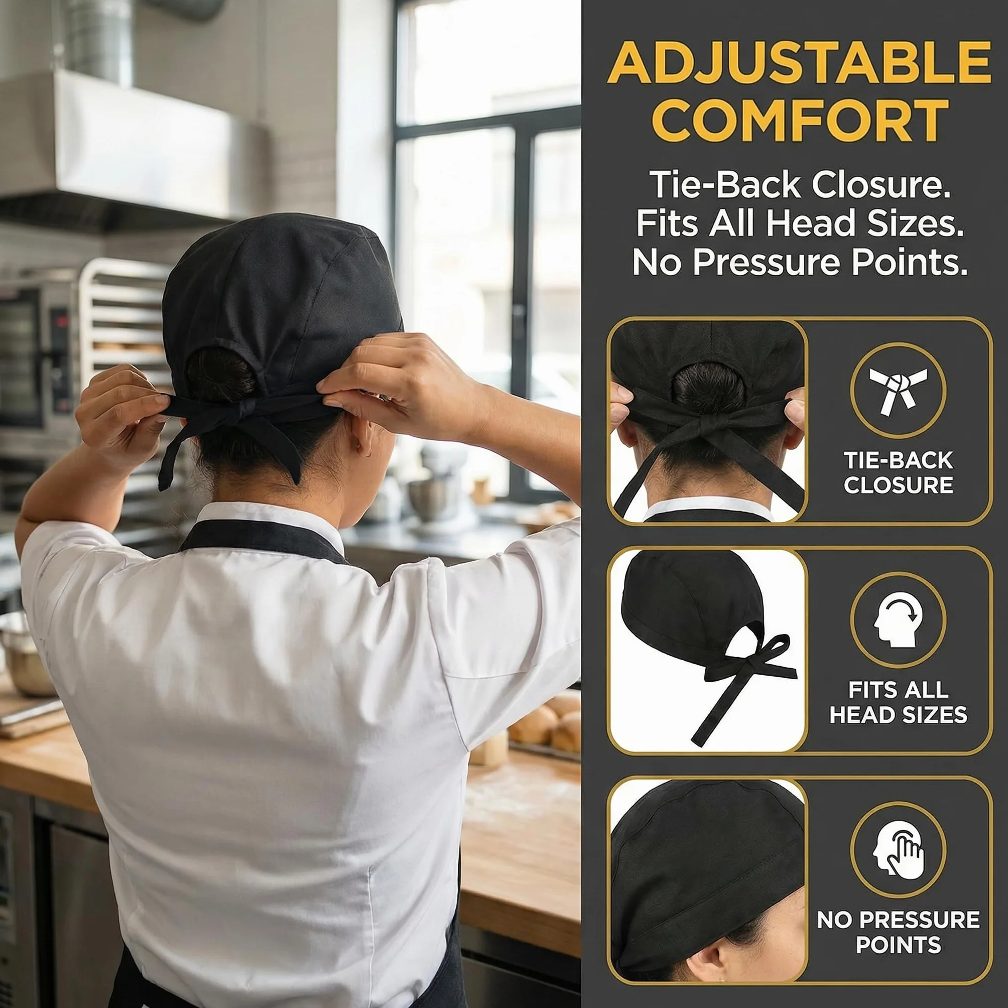 Gorros Cocinero Estilo Pirata Negro, Bandana Chef Ajustable a Tiras, Gorro Cocina Transpirable Unisex