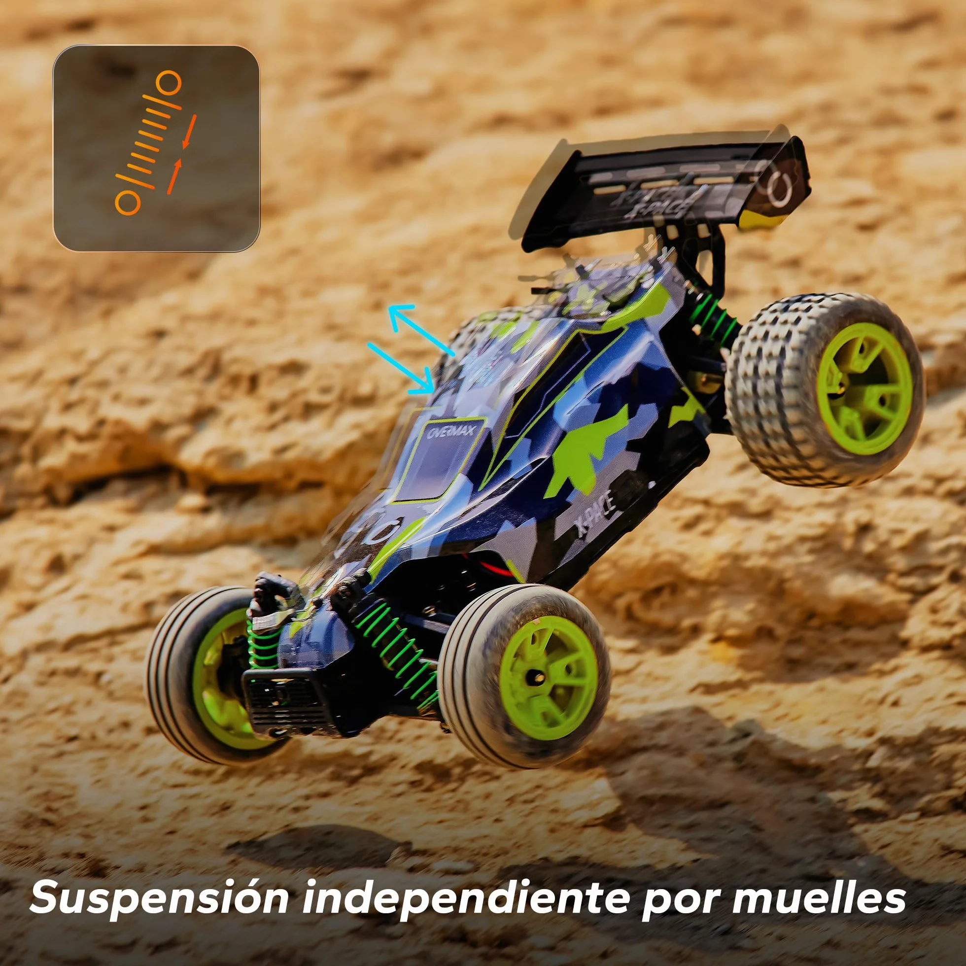 Overmax X-Pace RC Plane 4x4 Speed Tracción 45kmh Alcance 100 Metros Suspensión de Resorte Independiente Luces LED Big Car Conducir sin Cargar: 30 Minutos