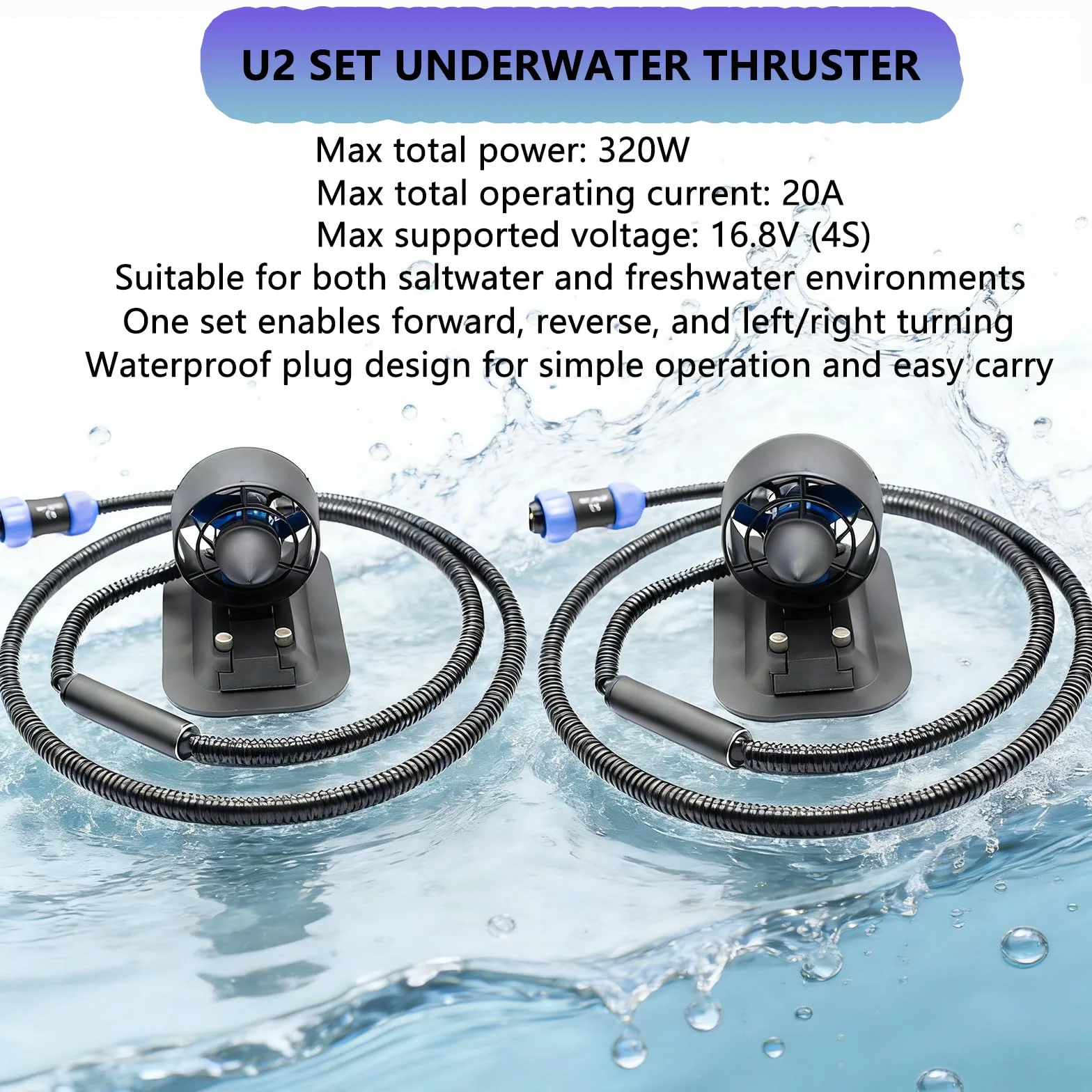 12-16 V Thruster submarino U2 Set, fuerza de accionamiento total 3,40 kg, puede empujar 100 kg, velocidad 1-3 km/h, motor sin escobillas para barcos de pesca y ROVs