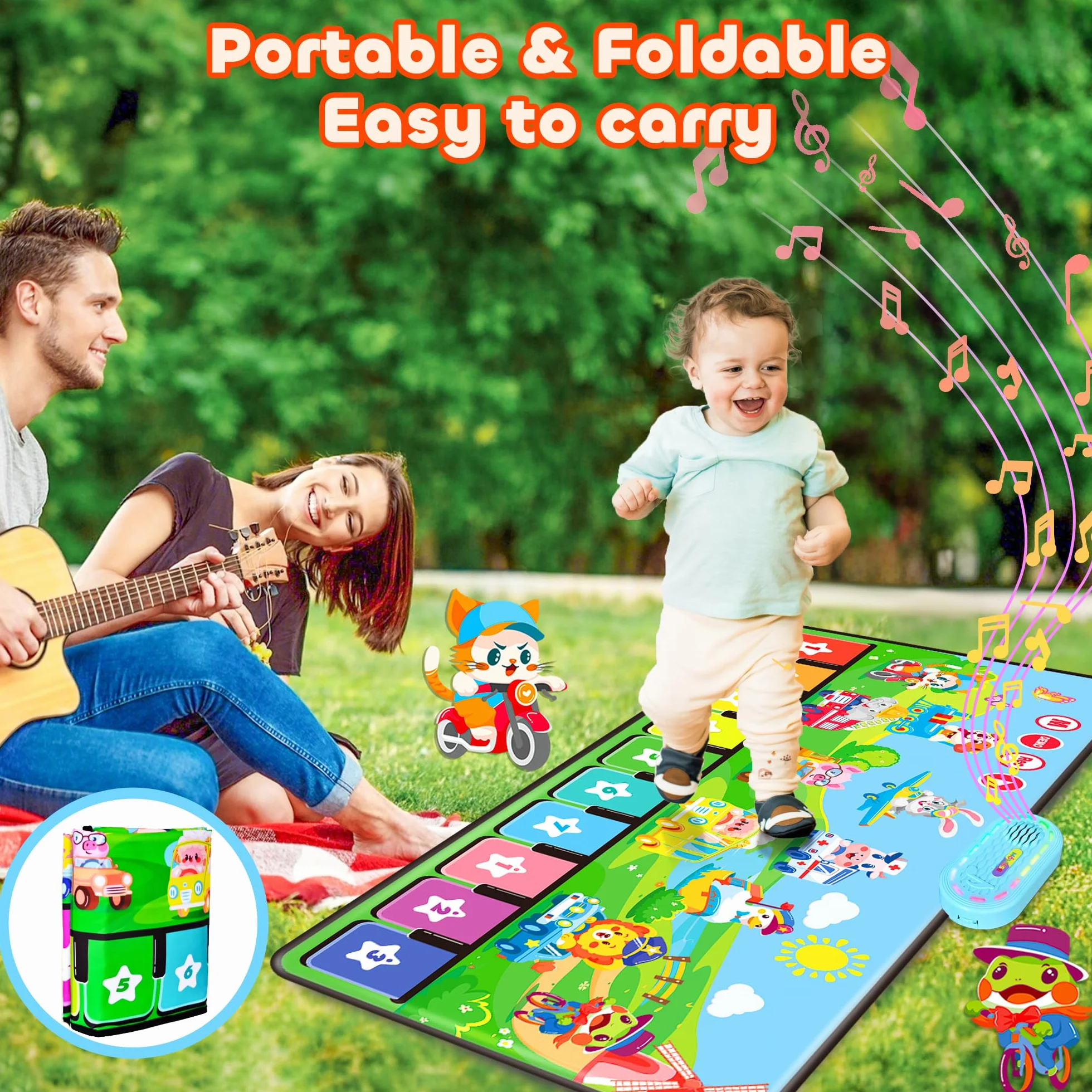 MOMUSE Alfombra Musical con 80 Sonidos, Alfombra de Piano Grande con 10 Animales y 10 Coches, Juguetes Musicales con Luz Suave, 10+ Niveles Volumen, Regalos para Niños Niñas 1 2 3 Años (110 cm*45 cm)