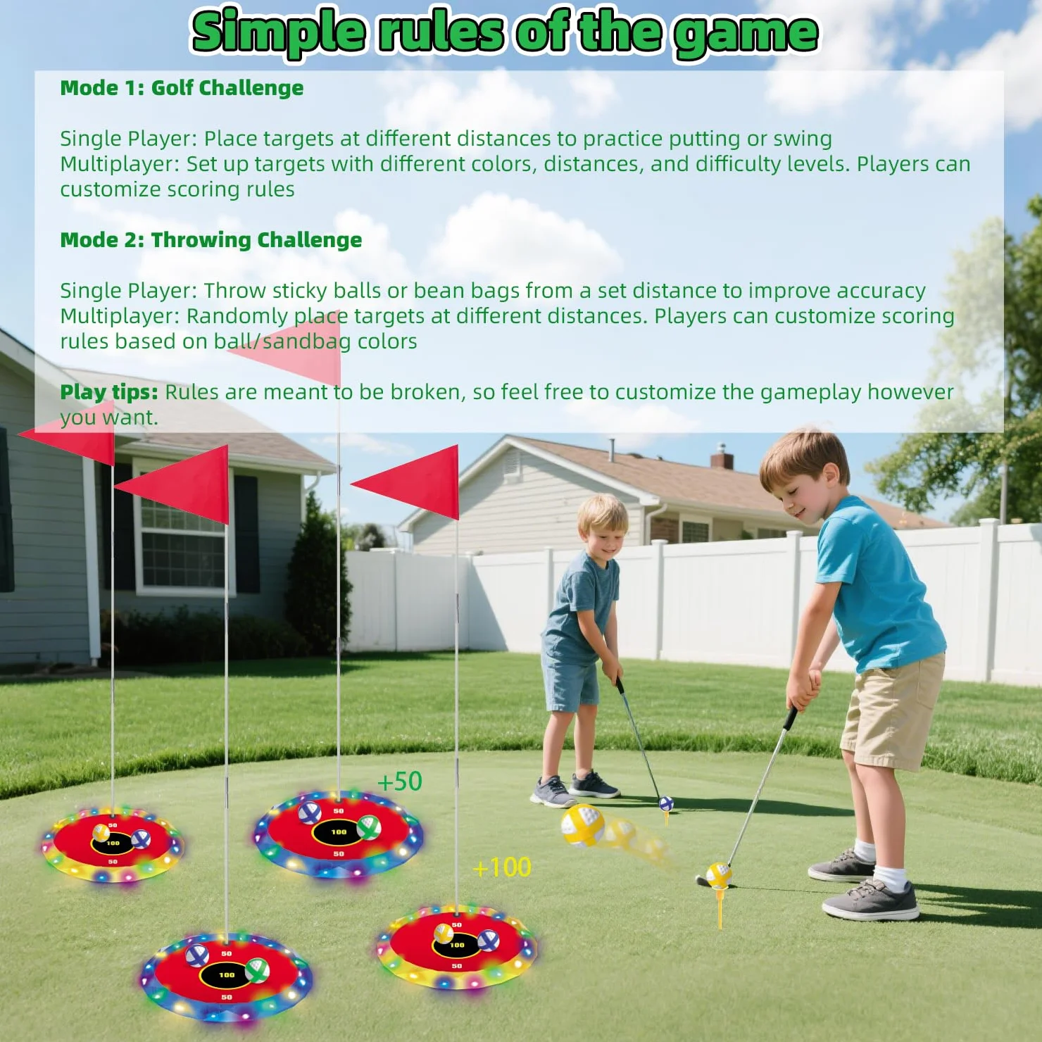 VATOS Juego de golf 2 en 1 con luz para niños - Juego de golf de astillado y lanzamiento de bolsa de puf con 6 objetivos LED, 2 palos, 18 bolas, juego de golf nocturno para fiesta en interiores al