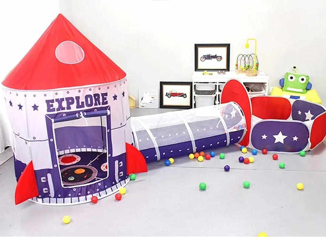 3 en 1 Kids Play Tienda Tunel de rastreo y Bola Hoyo Tienda de Playhouse Infantil con aro de Baloncesto, para Uso Interior y Exterior con Estuche portátil. (Rojo) (Azul Oscuro)