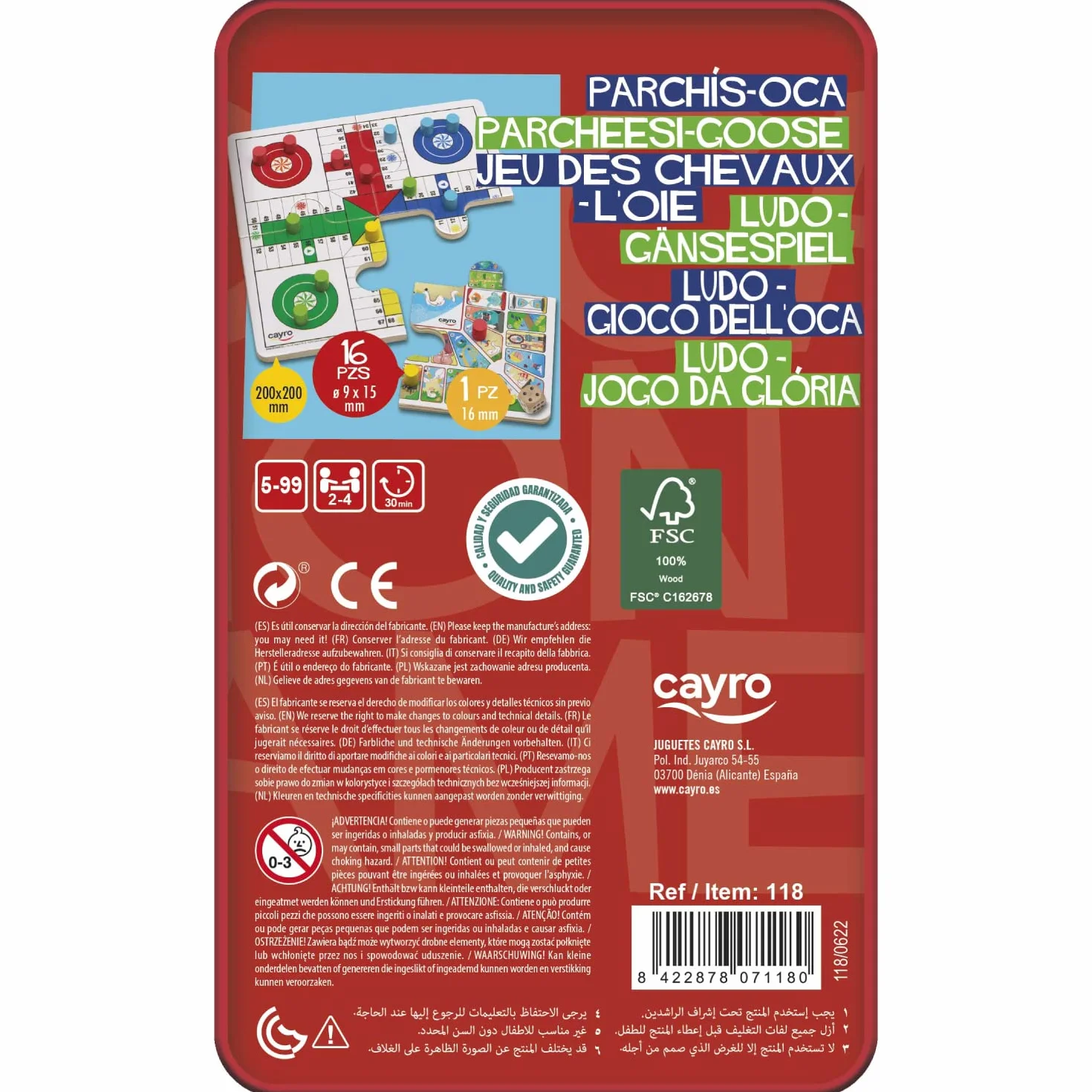 Cayro - Parchís y Oca - + 5 Años - Caja Metálica - Juego Divertido de Mesa para Niños y Adultos - Tablero, Cubiletes y Fichas de Madera - 2 a 4 Jugadores
