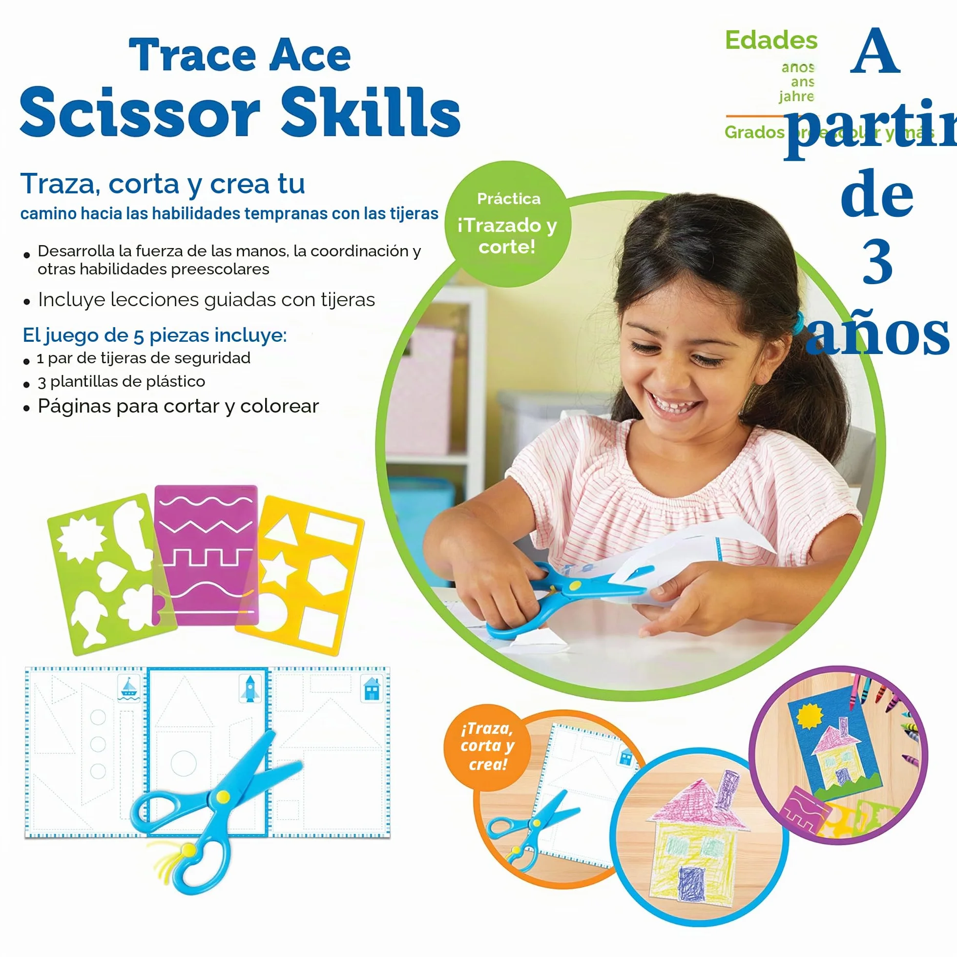 Learning Resources Juego de Recortar Infantil – Set de Actividades para Calcar y Cortar – 3+ Años – Tijeras de Seguridad y Plantillas – Motricidad Fina – Regalo Educativo