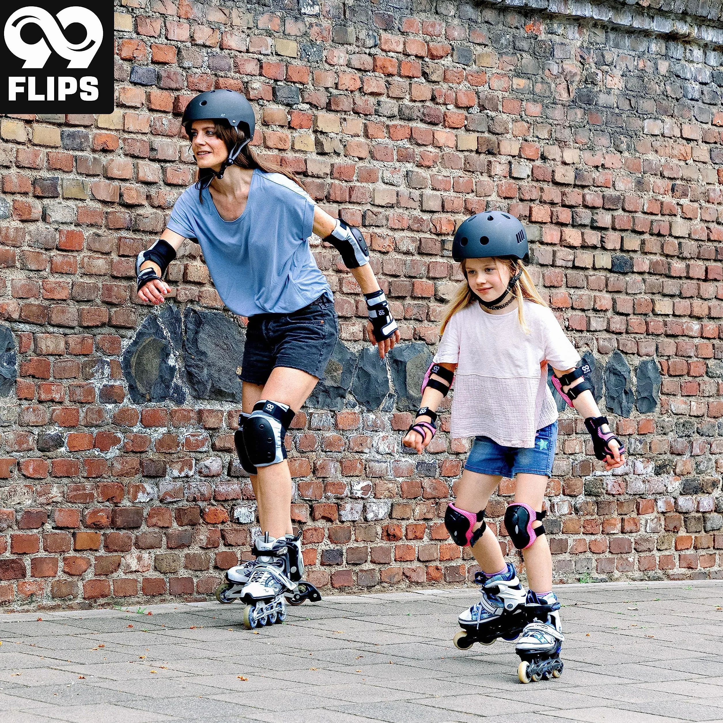 99FLIPS Protecciones Patines en Linea Adulto Set Rodilleras Coderas Skateboard Negro Talla L