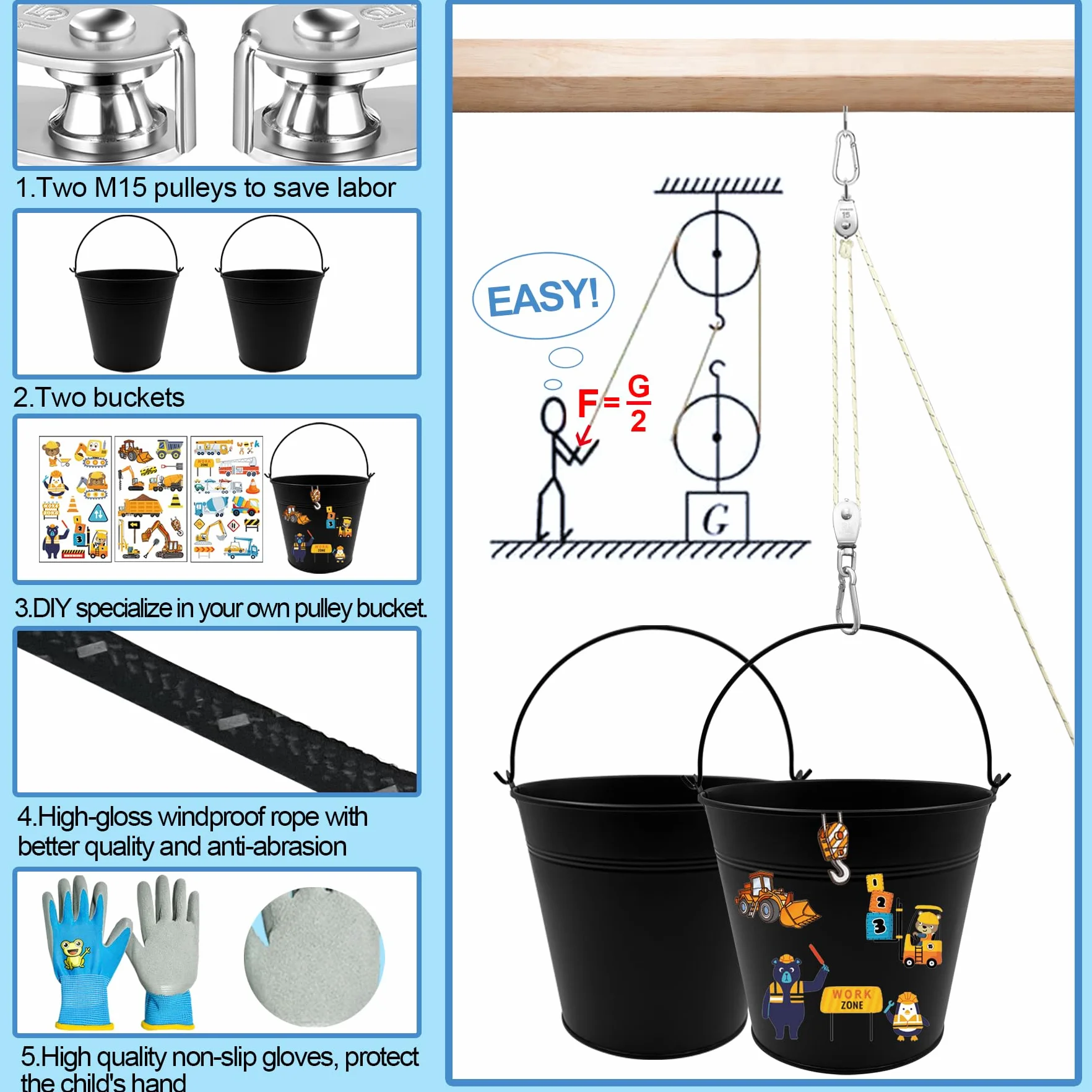 TZEKING Polea para Niños,Polea con 2 Cubo de Metal,Accesorios de casa de árbol para niños,polea con Cable de Cubo,Sistema de Polea para Niños,polea para niños,para Niños y Niñas a Partir de 3 Años