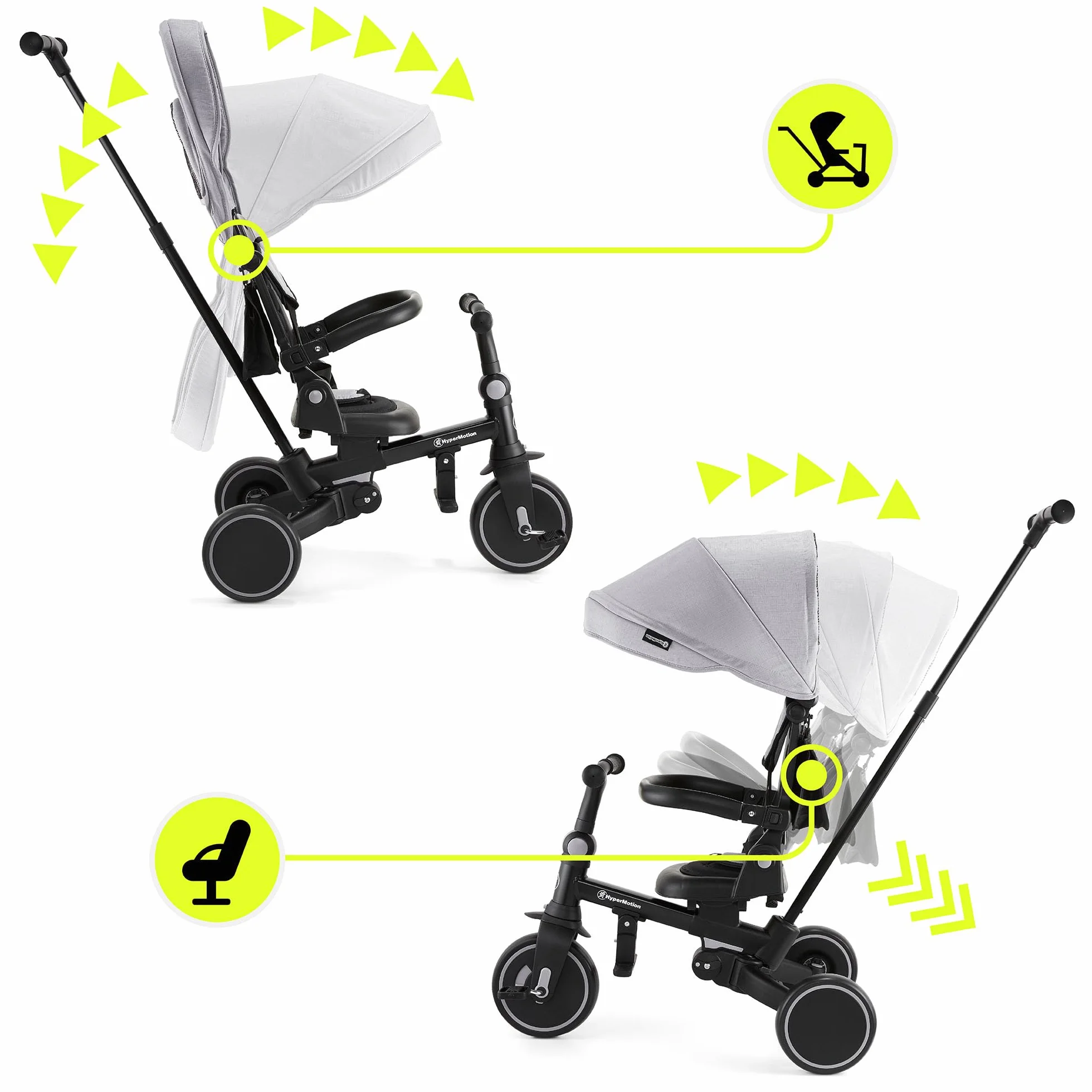 HyperMotion Triciclo Evolutivo 8 en 1 con Asiento Giratorio 360° – Triciclo Bebe Reclinable y Plegable con Capota, Arnés y Barra de Empuje – Trike Infantil para Niños de 1 a 5 Años