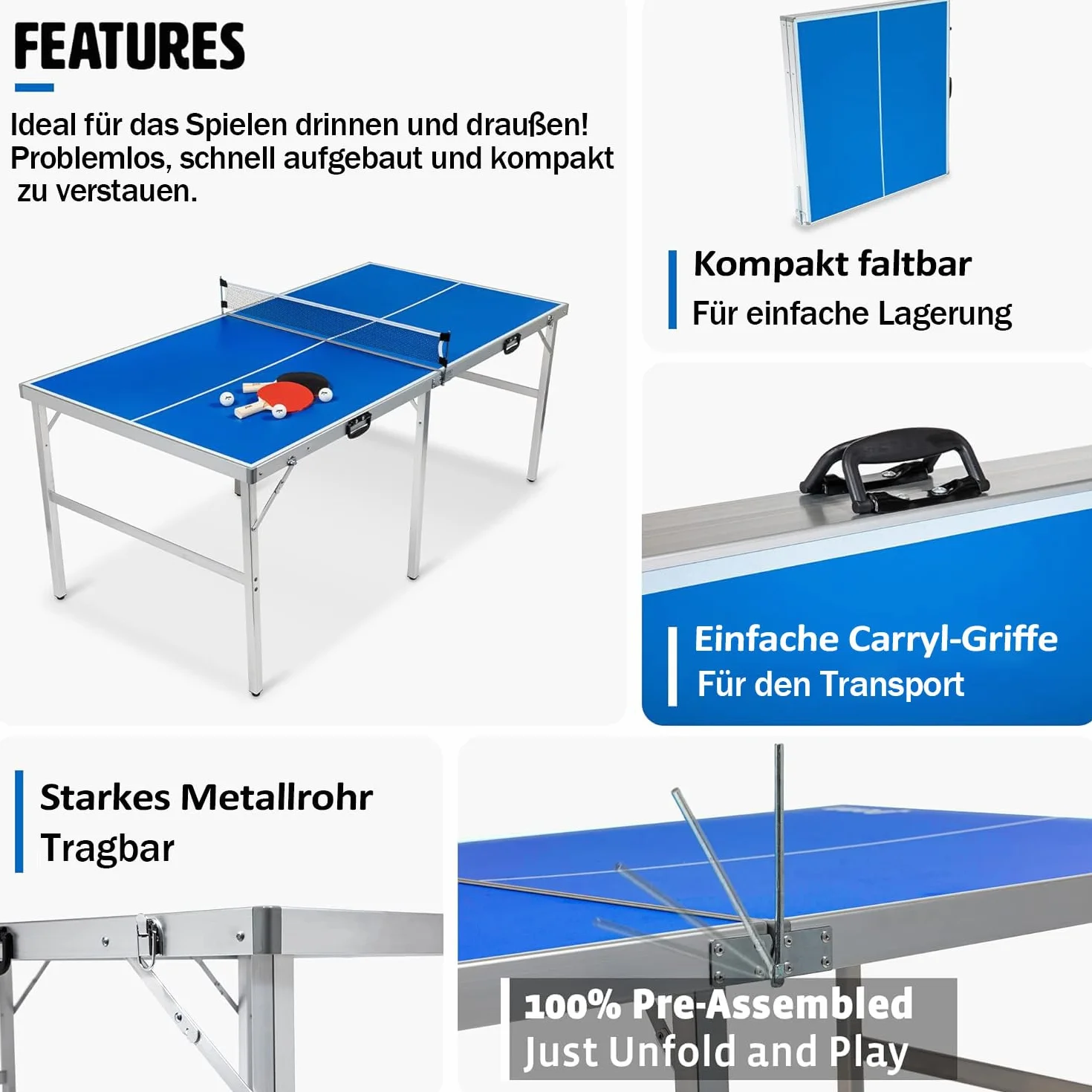 Mesa de Ping Pong Plegable Portátil 180x90x76 cm Azul con Red