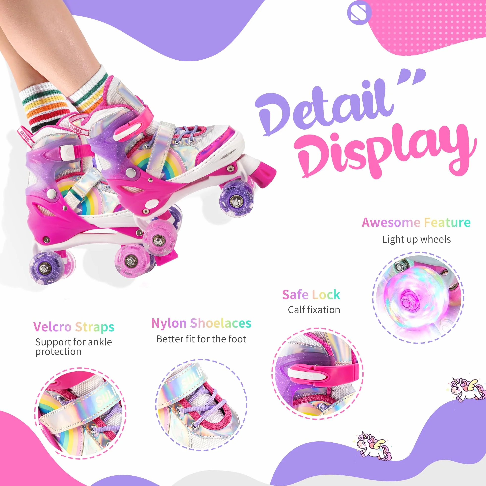 Sulifeel Rainbow Unicorn Patines Roller con Luces Ajustables para Niñas